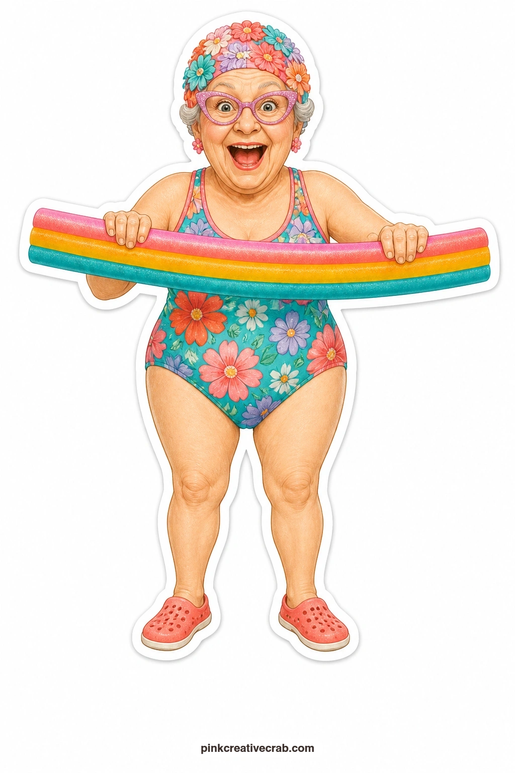 The Pool Noodle Grandma printable page — Flowered swim cap, bright swimsuit, pool noodle gripped with pure excitement: she is ready for a summer birthday card