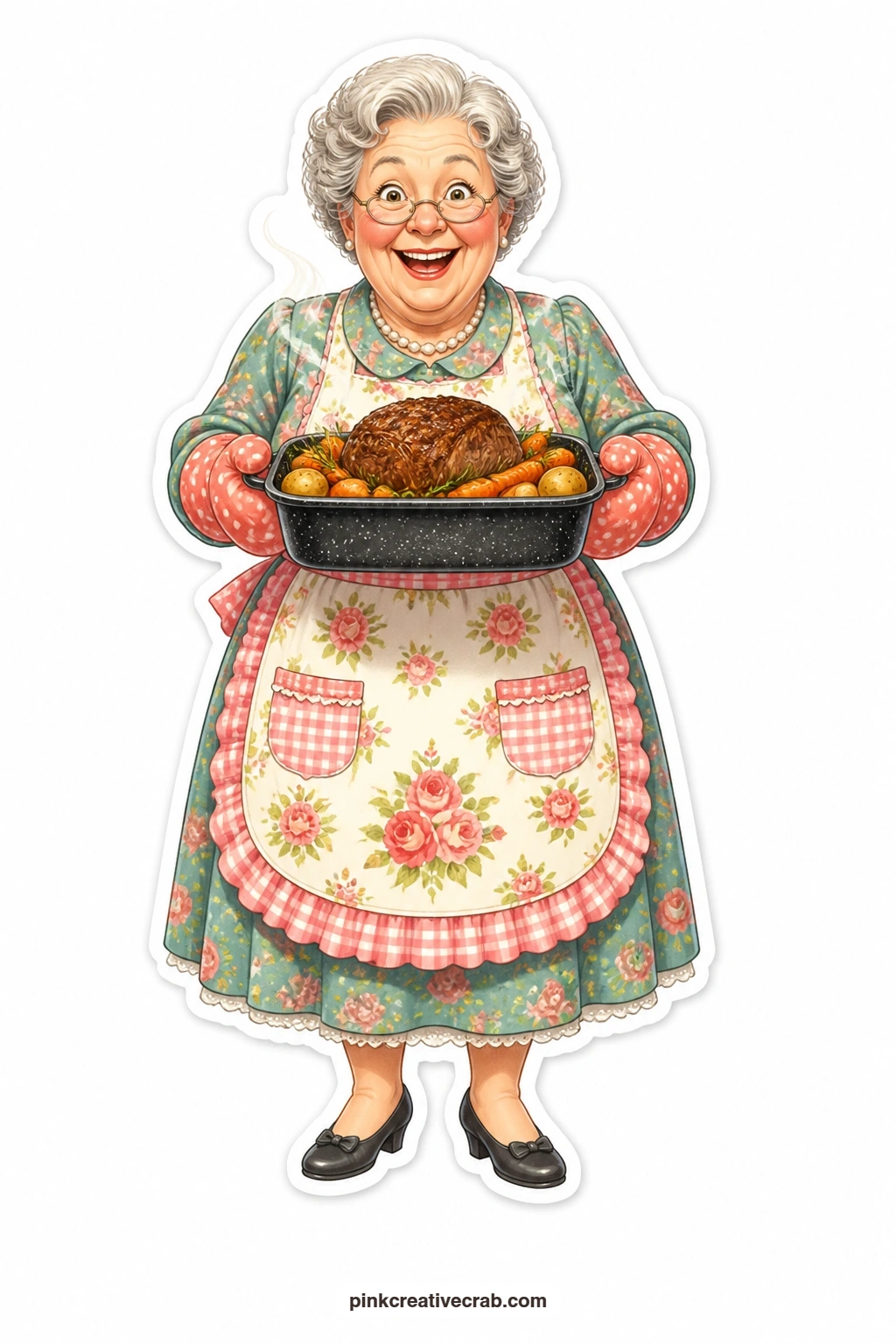 The Pot Roast Grandma printable page — Floral apron, oven mitts, a family-size pot roast held out like a trophy and a face full of pride, perfect for a Sunday