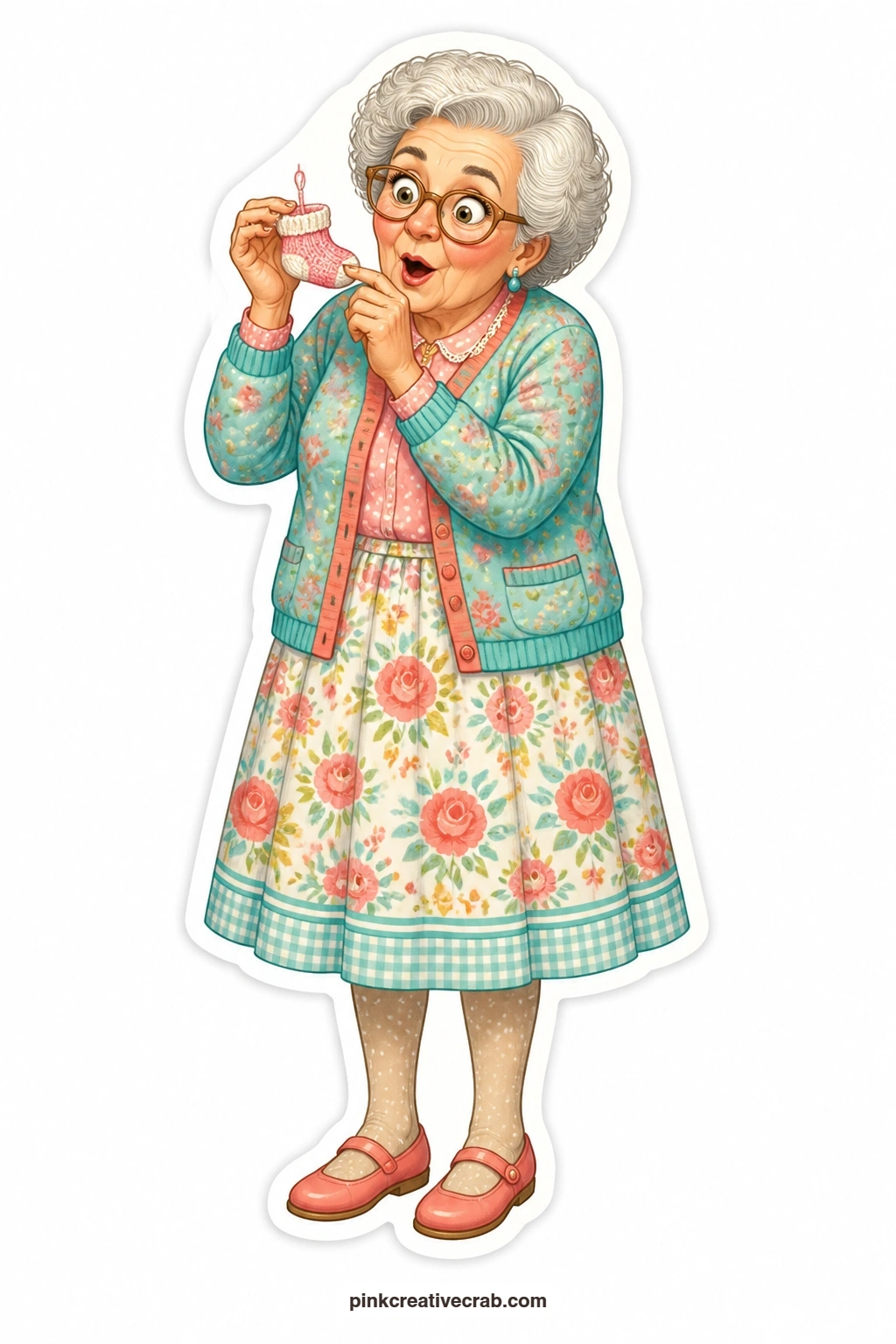 The Tiny Baby Sock Grandma printable page — Soft cardigan, hands cupped around a single knitted baby sock, her face caught somewhere between amazed and about