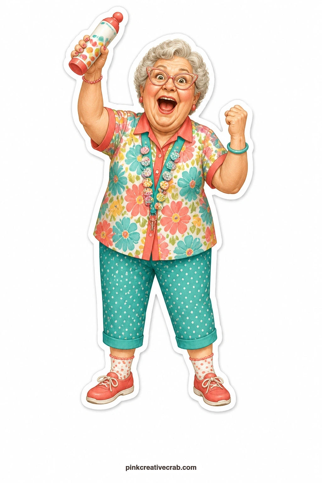 The Bingo Dauber Grandma printable page — Bright bingo shirt, dauber held triumphant in the air, mouth wide open mid-shout: this grandma is the loudest doll in