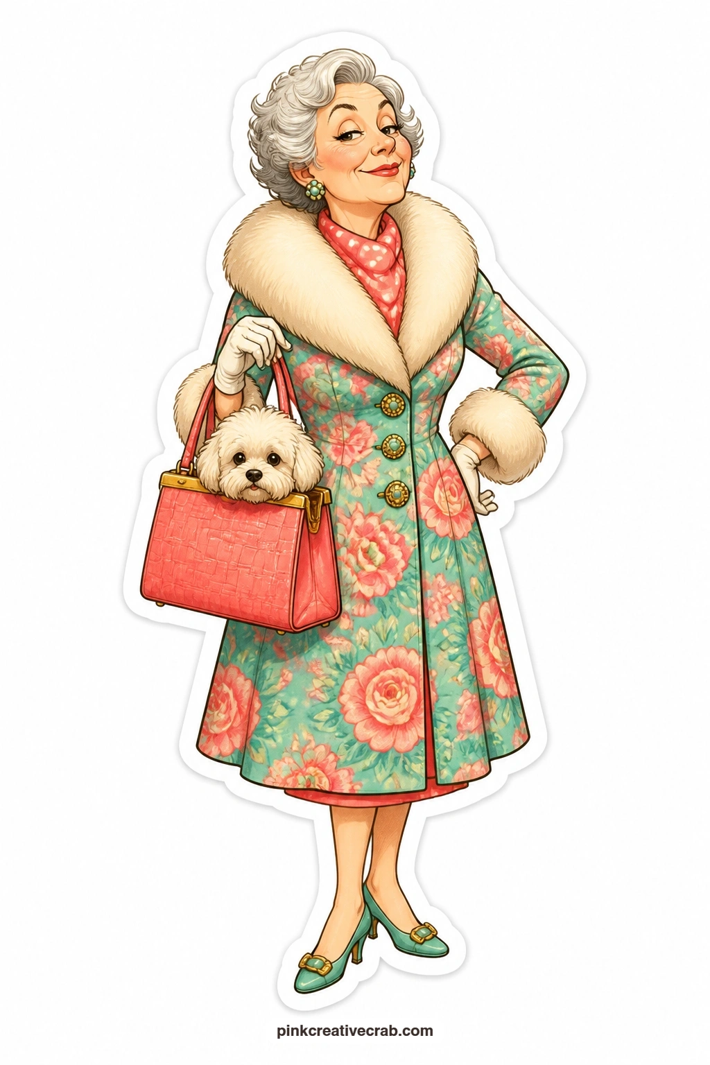 The Fur Collar Lap Dog Grandma printable page — Fur-collared coat, chin tilted with pure sass, a tiny dog peeking out from inside her purse: this grandma