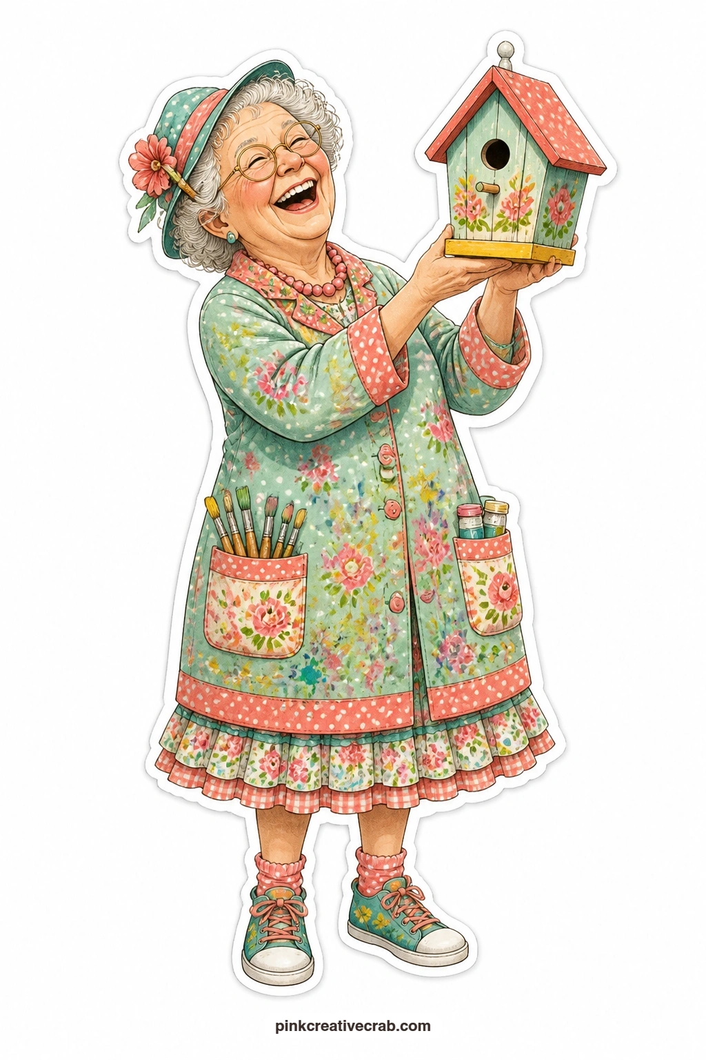 The Birdhouse Painter Grandma printable page — Garden smock dotted with paint splatters, laughing with real delight, a freshly painted birdhouse held up to