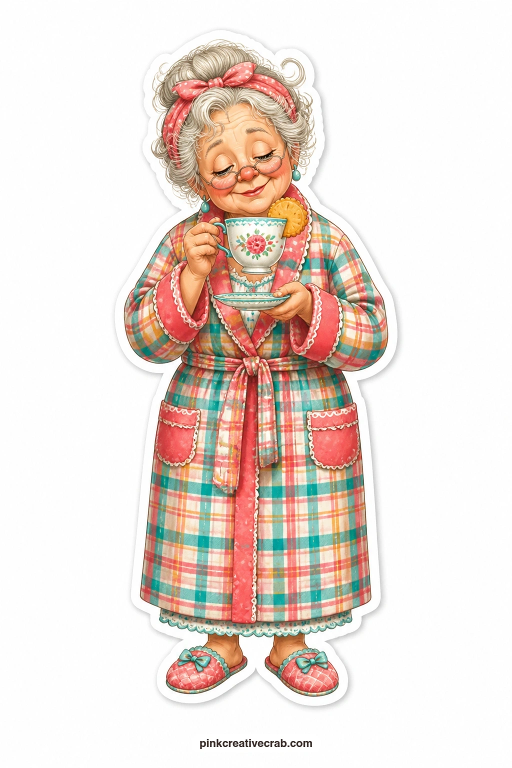 The Plaid Robe Tea Grandma printable page — Plaid robe, heavy-lidded eyes, a cup of tea balanced with a biscuit resting on the saucer: calm as this set gets