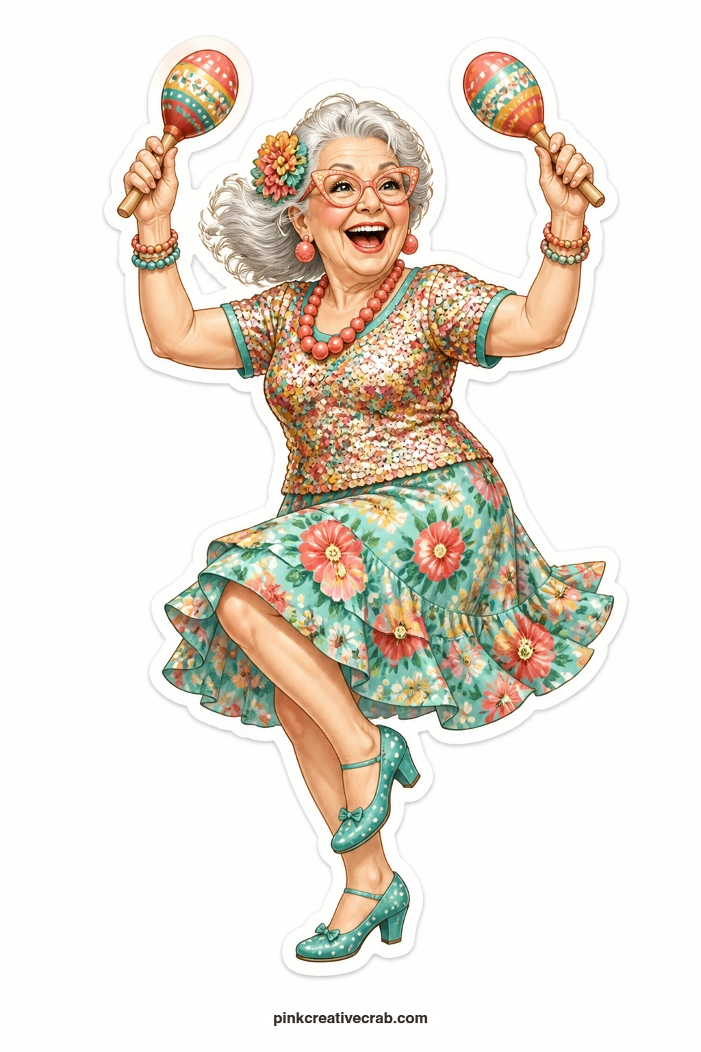 The Maraca Dancing Grandma printable page — Sequin top catching the light, hips mid-swing, a pair of maracas shaking with real joy, this grandma belongs on a