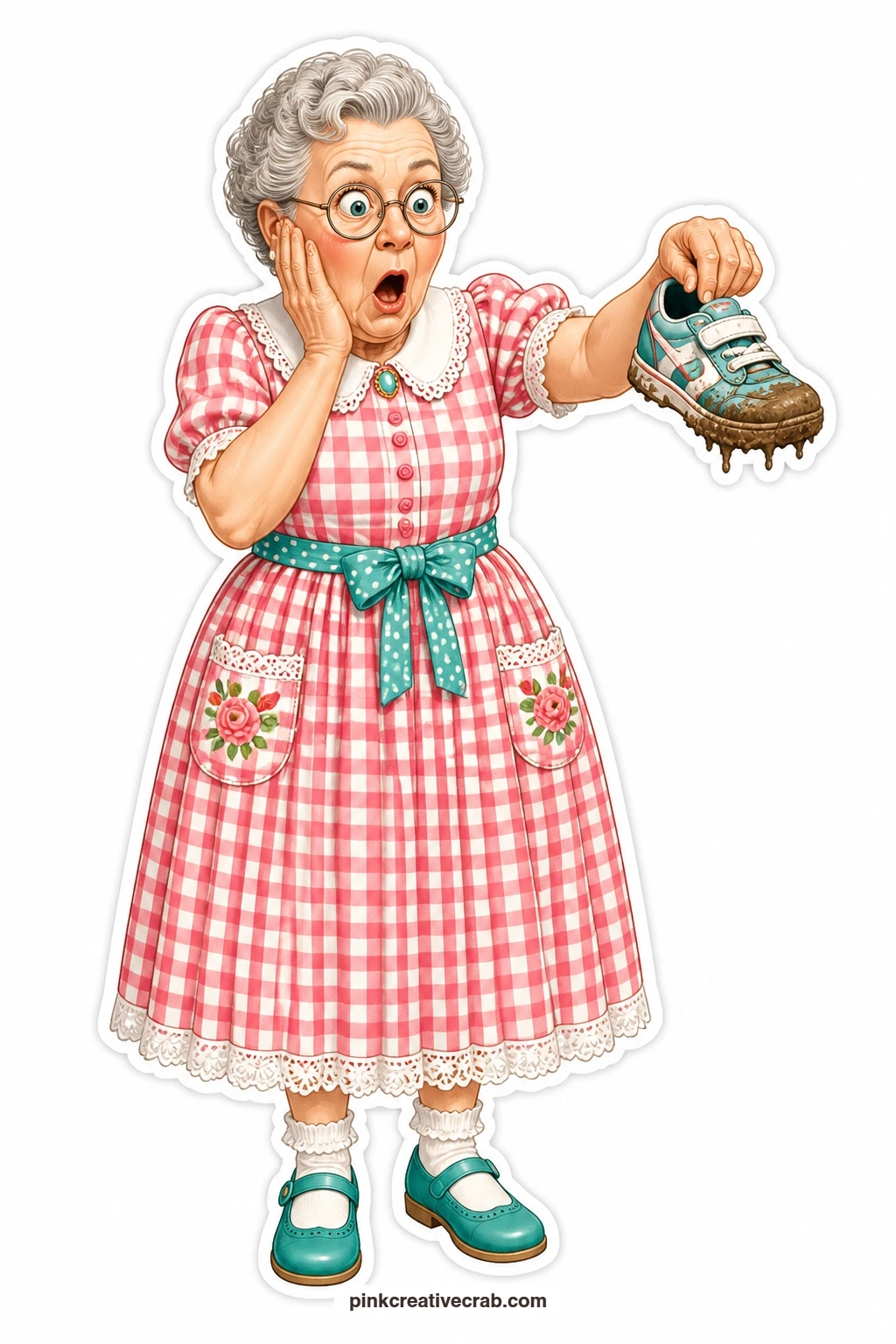 The Muddy Sneaker Grandma printable page — Gingham dress, hands on her cheeks in shock, a single muddy little sneaker held at arm's length: this one gets a