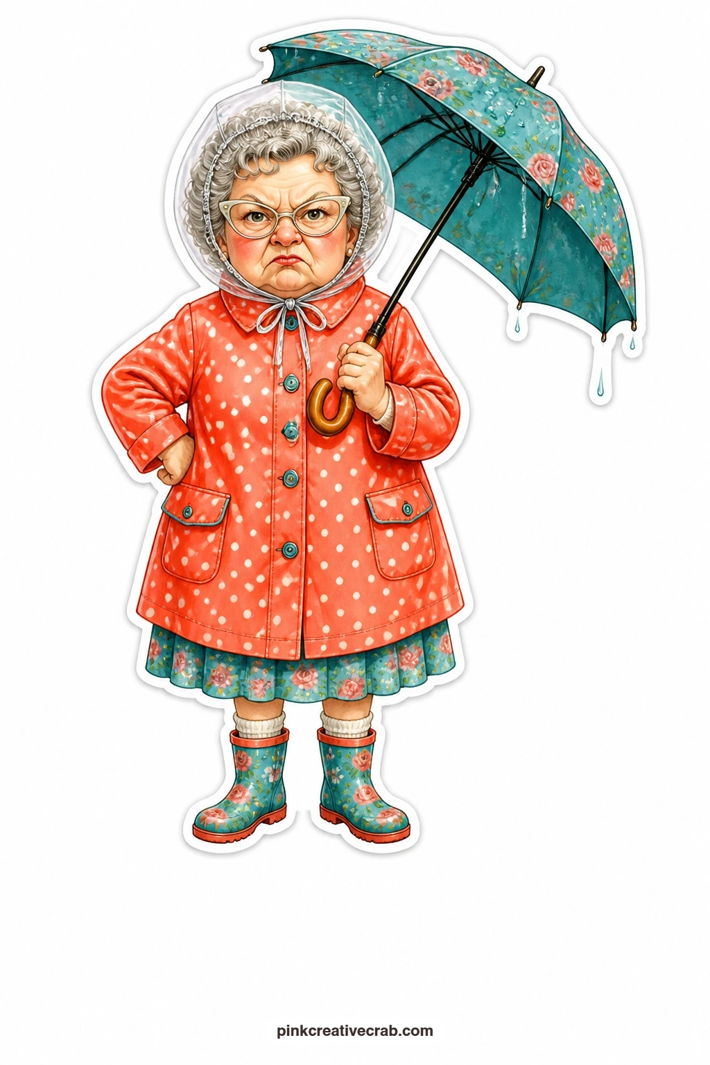 The Rain Bonnet Grandma printable page — Clear plastic rain bonnet stretched over her perm, grumpy scowl, umbrella dripping steadily in one hand, a funny