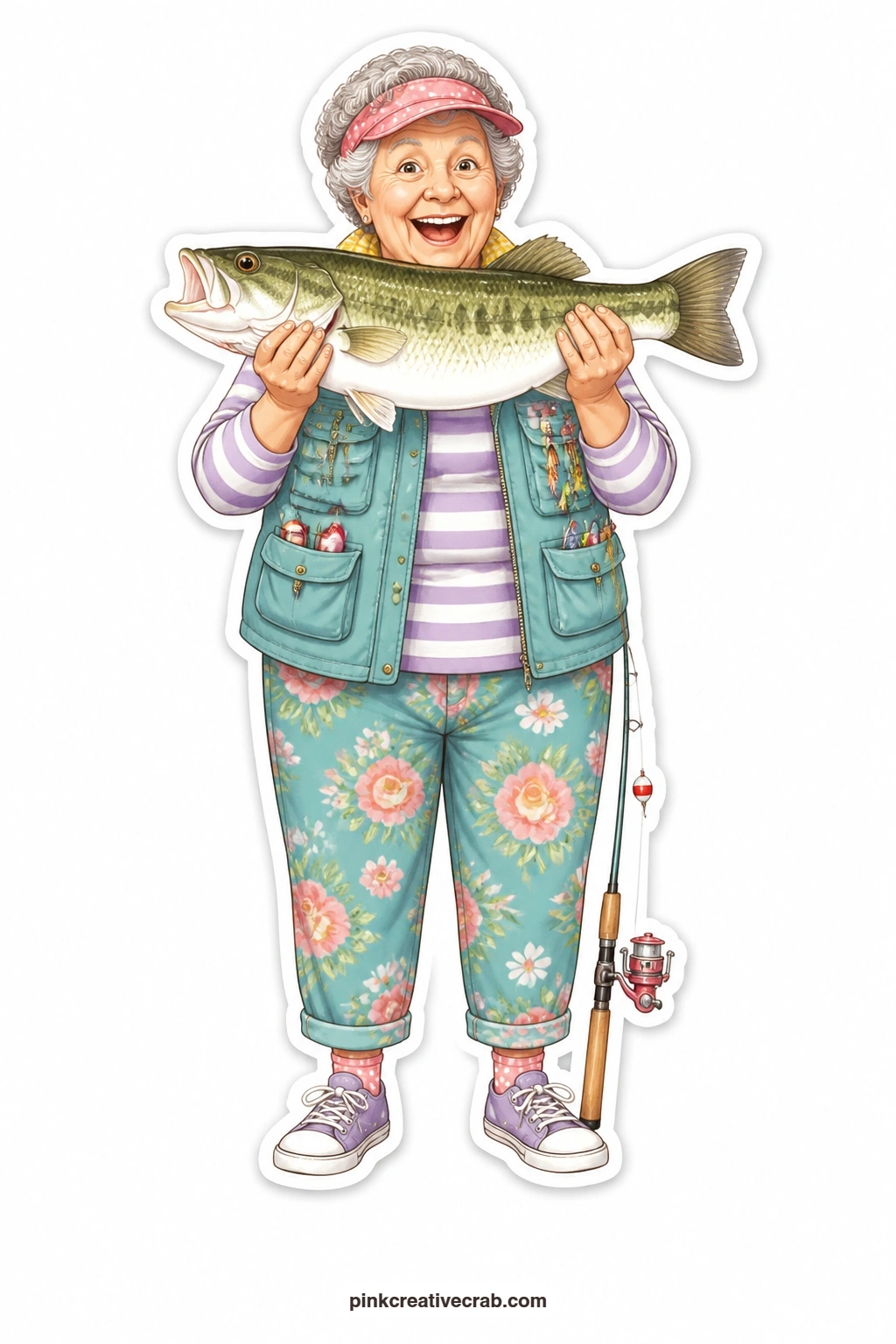 The Big Fish Grandma printable page — Sun visor, proud squint, a fish nearly as long as her arm held up for everyone to see: this grandma makes a loud, funny