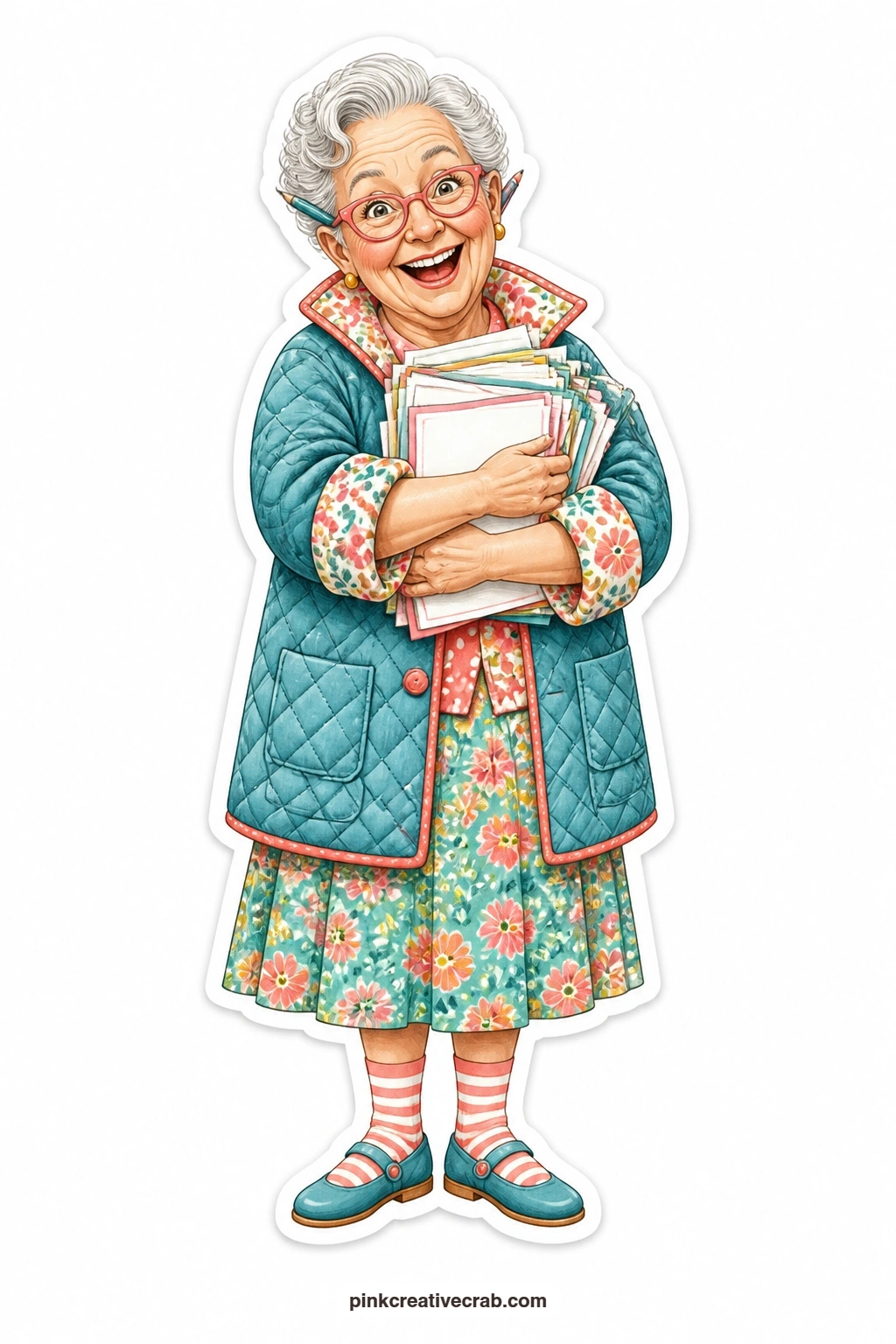 The Blank Cards Grandma printable page — Quilted coat, arms full of a stack of blank birthday cards, delight written across her whole face, a fitting doll to