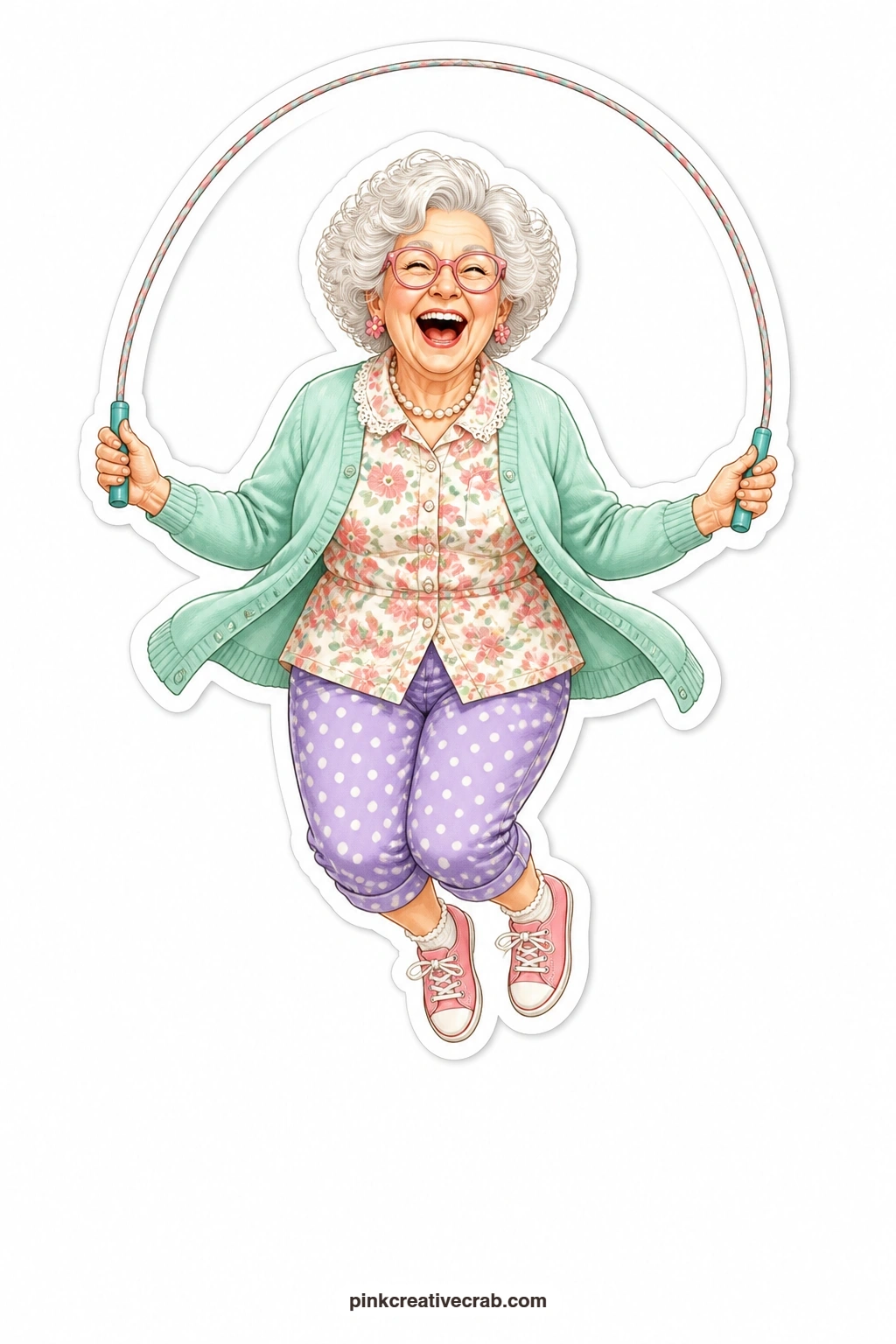 The Jump Rope Grandma printable page — Pastel cardigan flying slightly open, mid-skip with a jump rope, giggling like a girl again: this grandma brings a burst