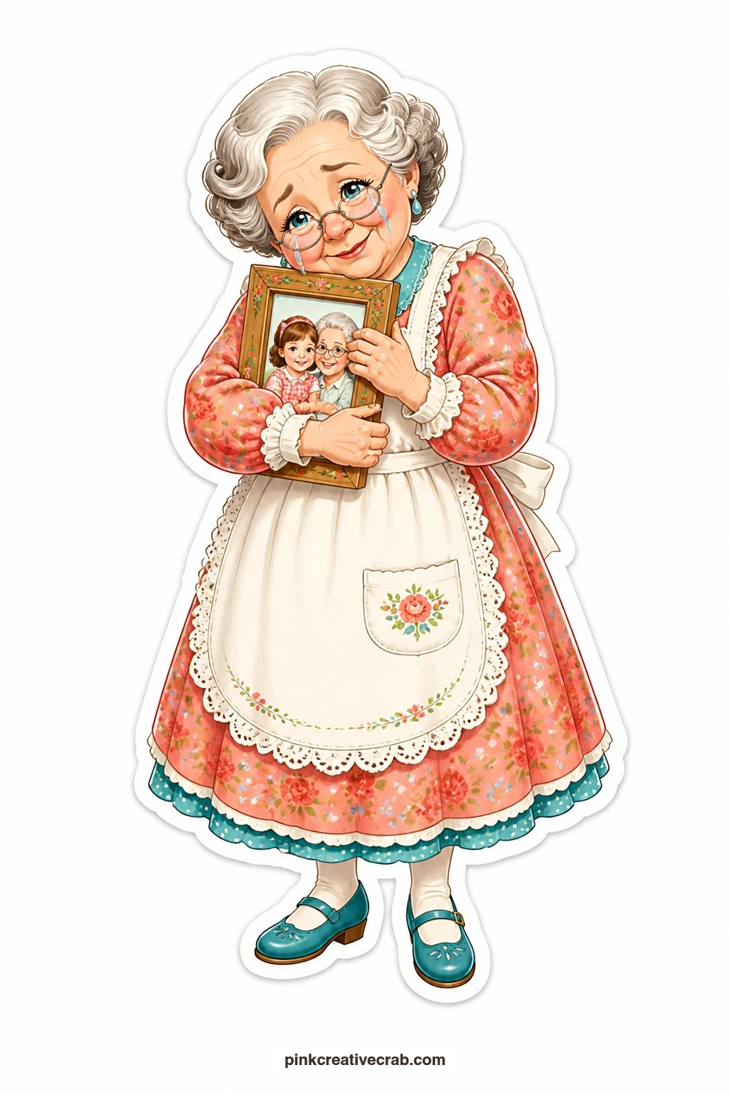 The Photo Frame Grandma printable page — Lace apron, eyes glassy with a soft smile breaking through, a framed photo hugged close to her chest, the gentlest