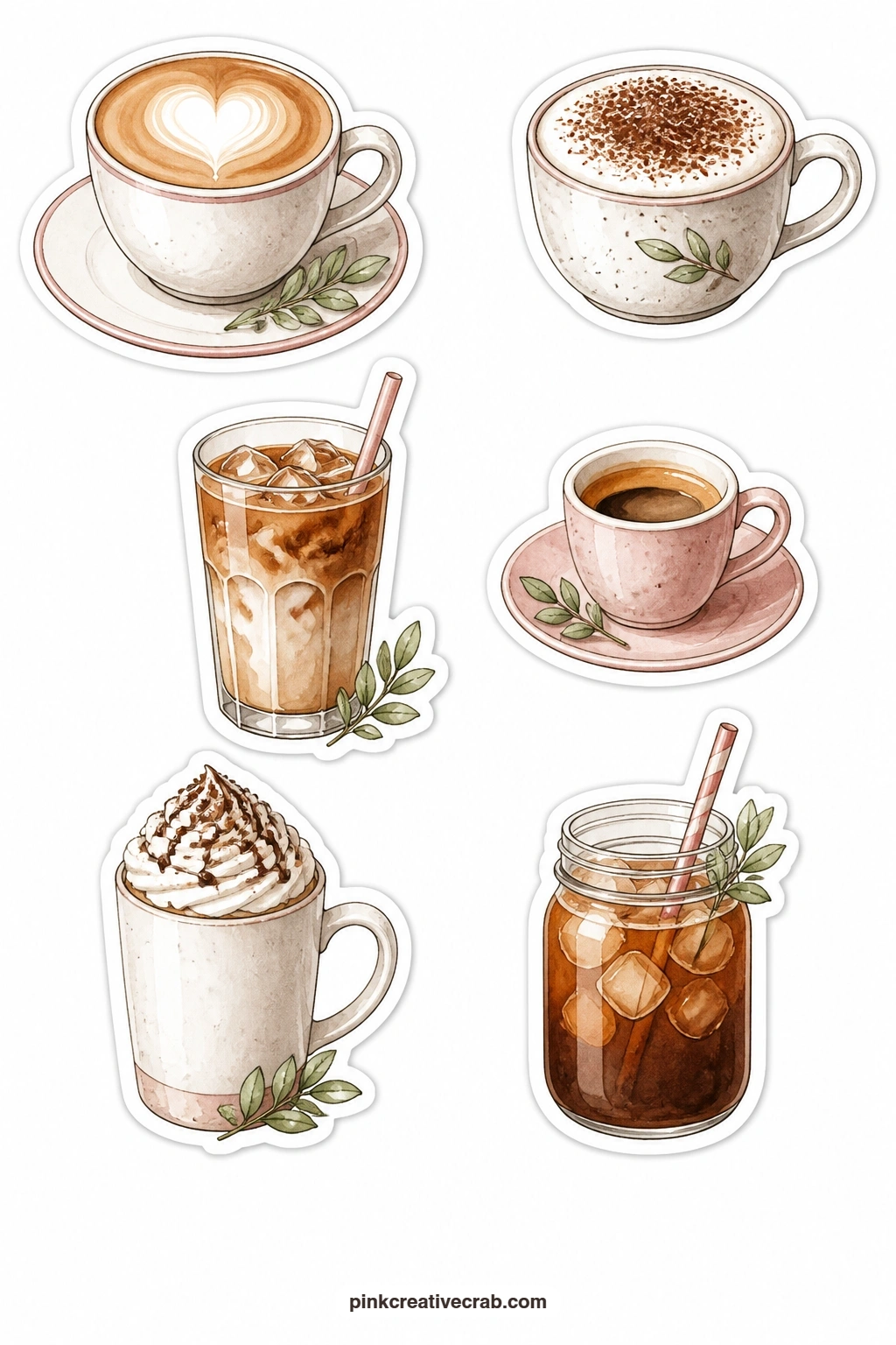 Latte and Cappuccino Stickers printable page — Starting the set with the drinks everyone reaches for first, this sheet holds a latte with a heart drawn in the