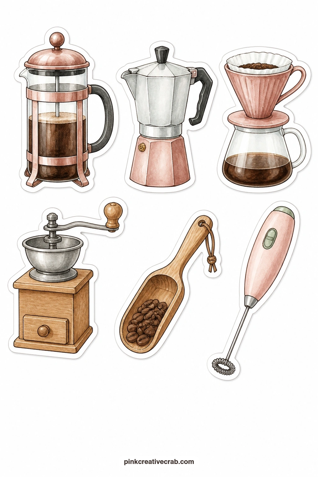 Coffee Tools Stickers printable page — French press, moka pot, pour over cone, coffee grinder, coffee scoop and milk frother sit together here, the quiet