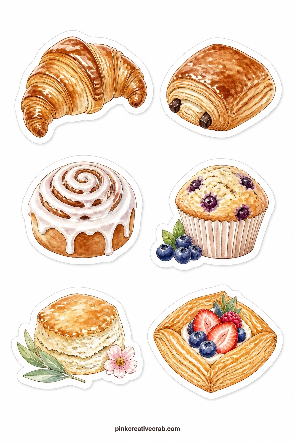 Bakery Pastry Stickers printable page — Flaky favourites fill this sheet: a croissant, a pain au chocolat, a cinnamon roll with icing, a blueberry muffin, a