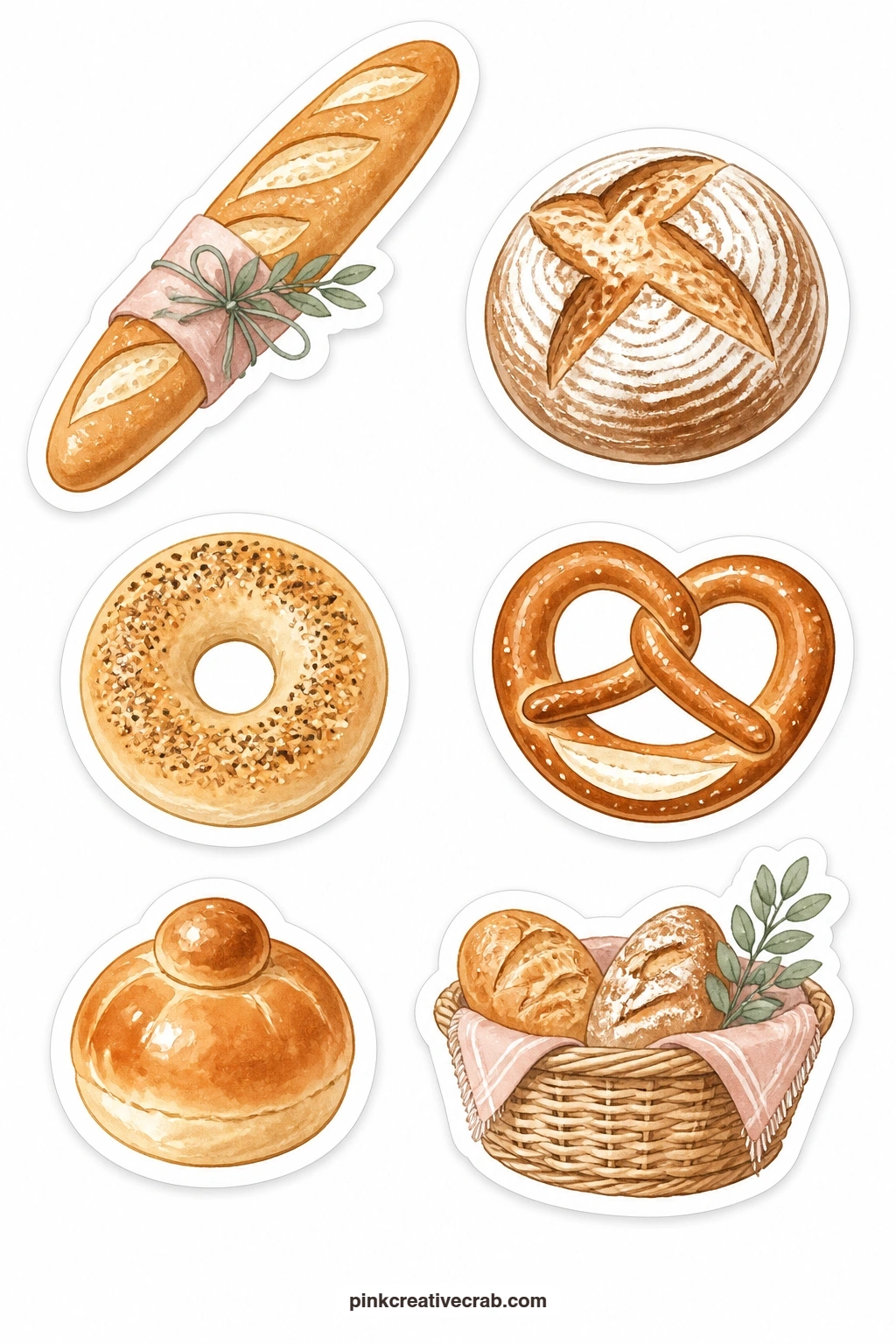 Bakery Bread Stickers printable page — Baguette, sourdough loaf, bagel, pretzel, brioche and a woven bread basket make this the heartier half of the bakery
