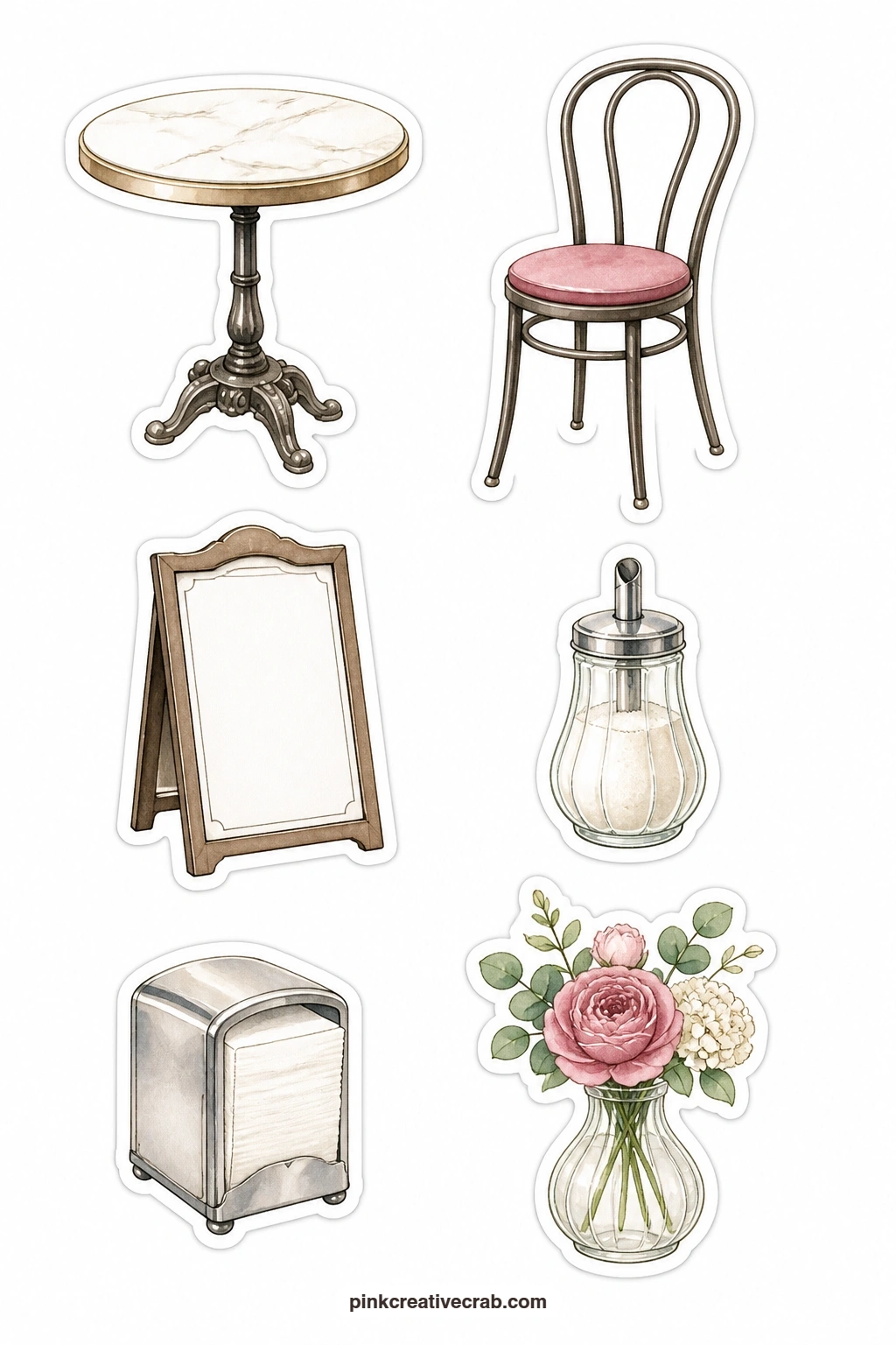 Cafe Table Stickers printable page — This sheet is built from the small furniture of a cafe: a bistro table, a cafe chair, a plain menu board, a sugar