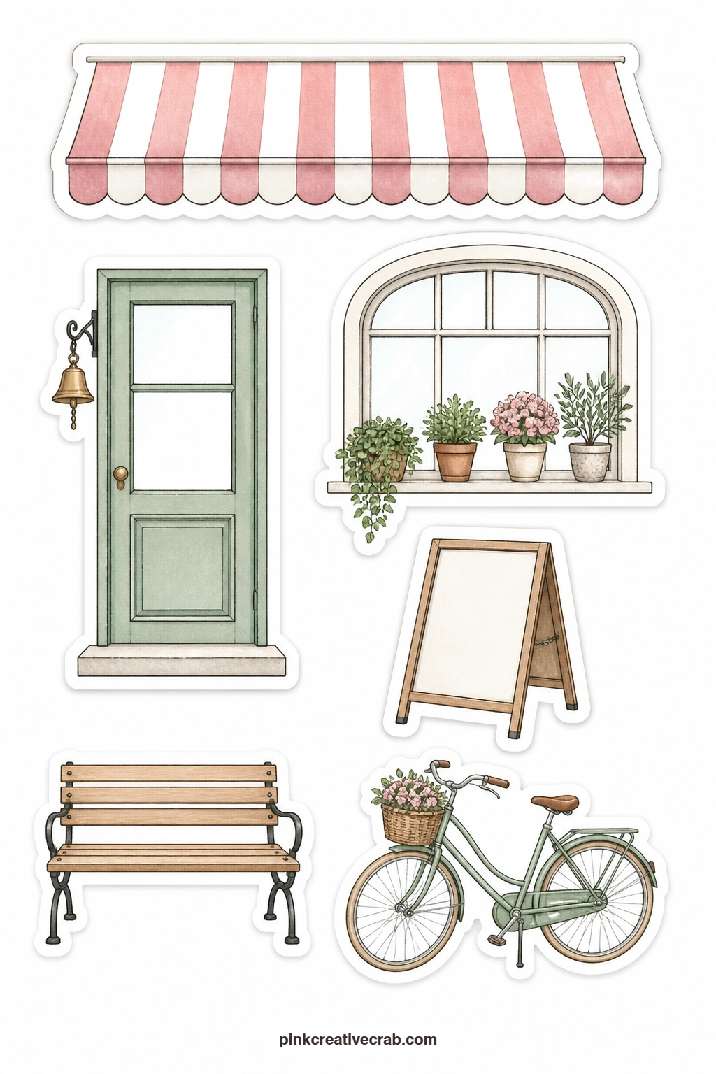Cafe Shop Front Stickers printable page — Awning, doorbell door, a window lined with plants, a plain A-frame sign, a bench and a bicycle leaning nearby bring