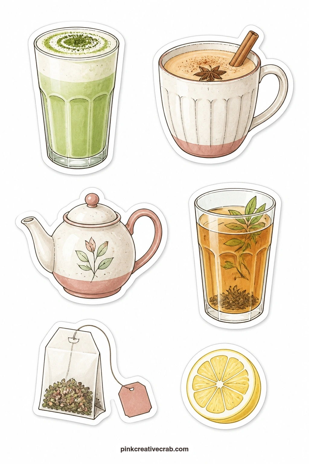 Tea in a Cafe Stickers printable page — Matcha latte, chai, a teapot for one, a tall tea glass, a tea bag and a lemon slice cover the non-coffee half of the