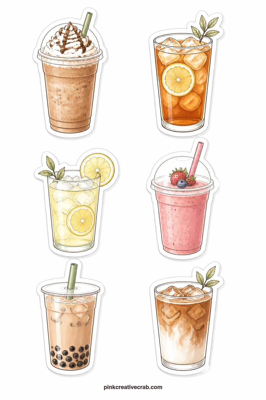 Iced Drinks Stickers printable page — Frappe, iced tea, a lemonade glass, a smoothie, a boba tea with wide straw and an iced latte line up for the warmer half
