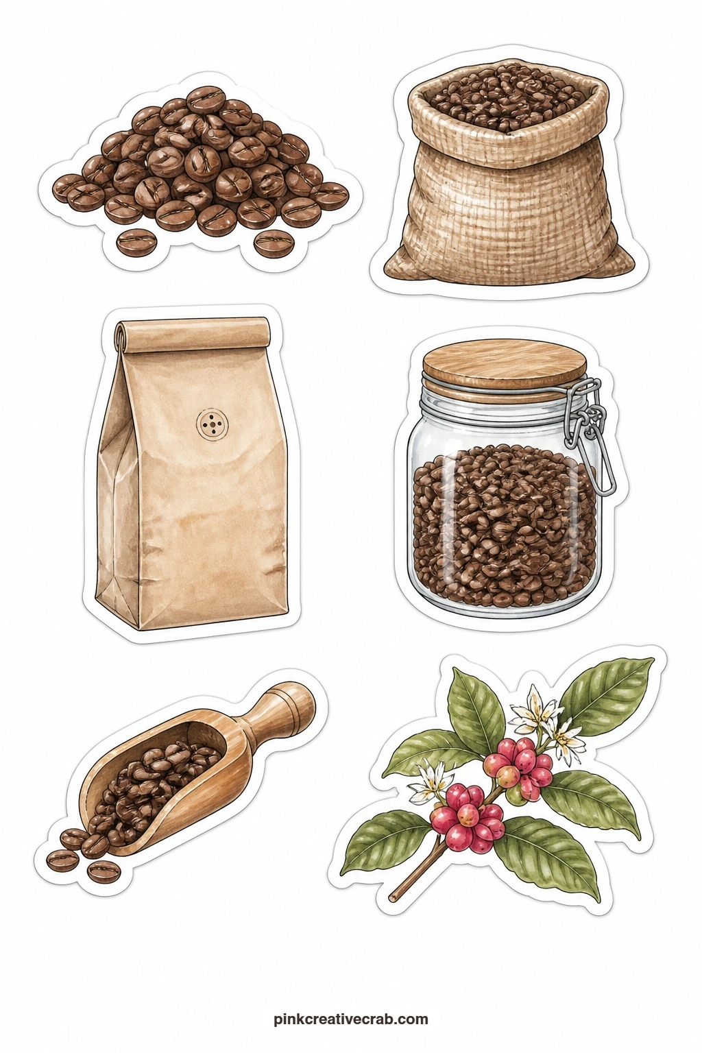 Coffee Beans and Bags Stickers printable page — A pile of coffee beans, a burlap coffee sack, a kraft paper coffee bag, a glass coffee jar, a wooden bean scoop