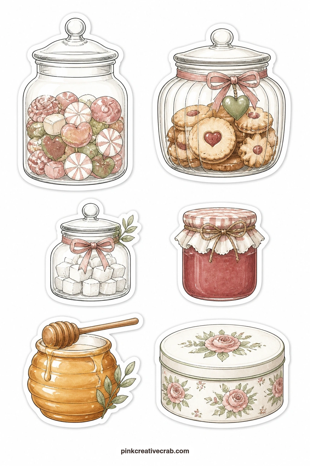 Counter Jars Stickers printable page — Candy jar, biscuit jar, a jar of sugar cubes, a jam jar, a honey pot and a cookie tin sit along the counter here, good