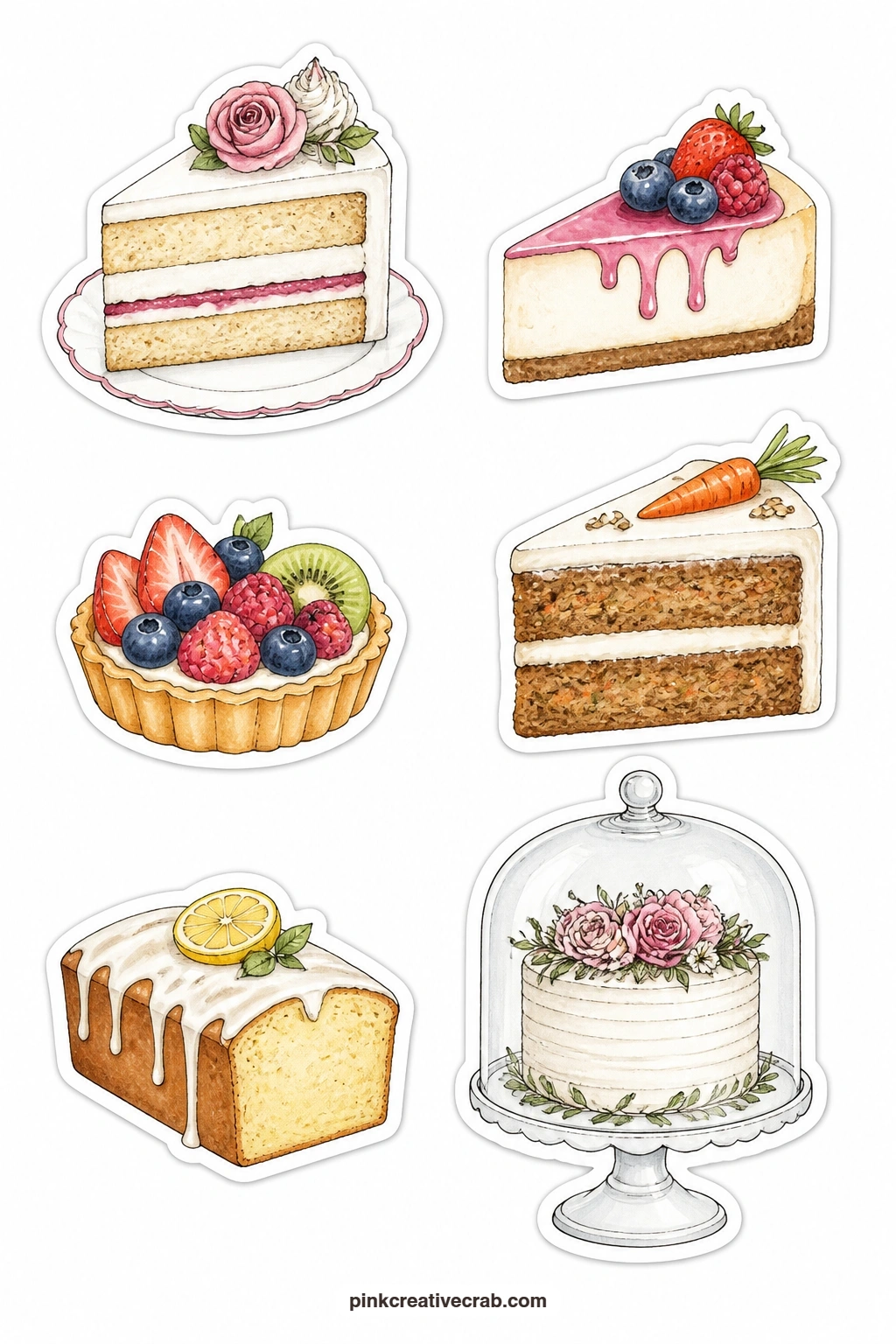 Window Cakes Stickers printable page — Cake slice, cheesecake, a fruit tart, carrot cake, a lemon loaf and a glass cake dome fill this sheet, built to sit on