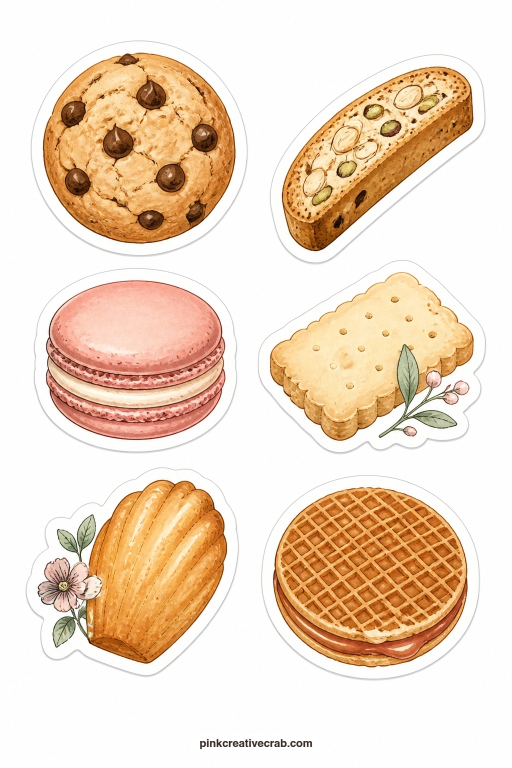 Cookies and Biscuits Stickers printable page — Chocolate chip cookie, biscotti, macaron, shortbread, madeleine and a stroopwafel gather on this sheet, small