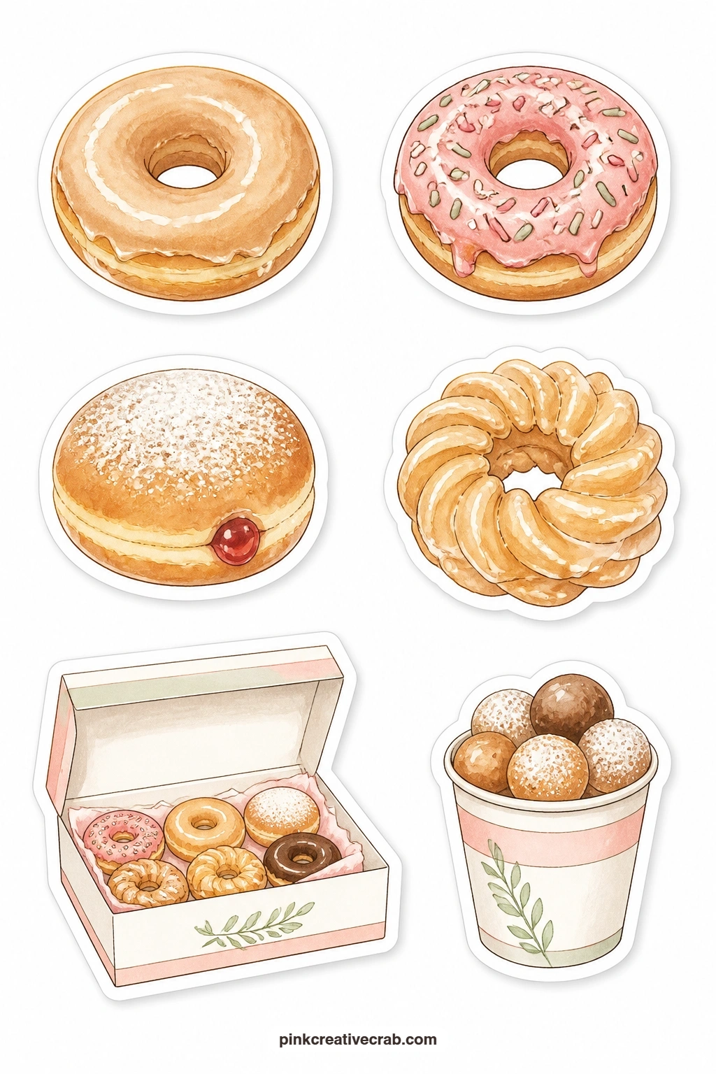 Donut Stickers printable page — Glazed donut, sprinkle donut, jelly donut, a cruller, a donut box and a cup of donut holes close out the sweet section with a