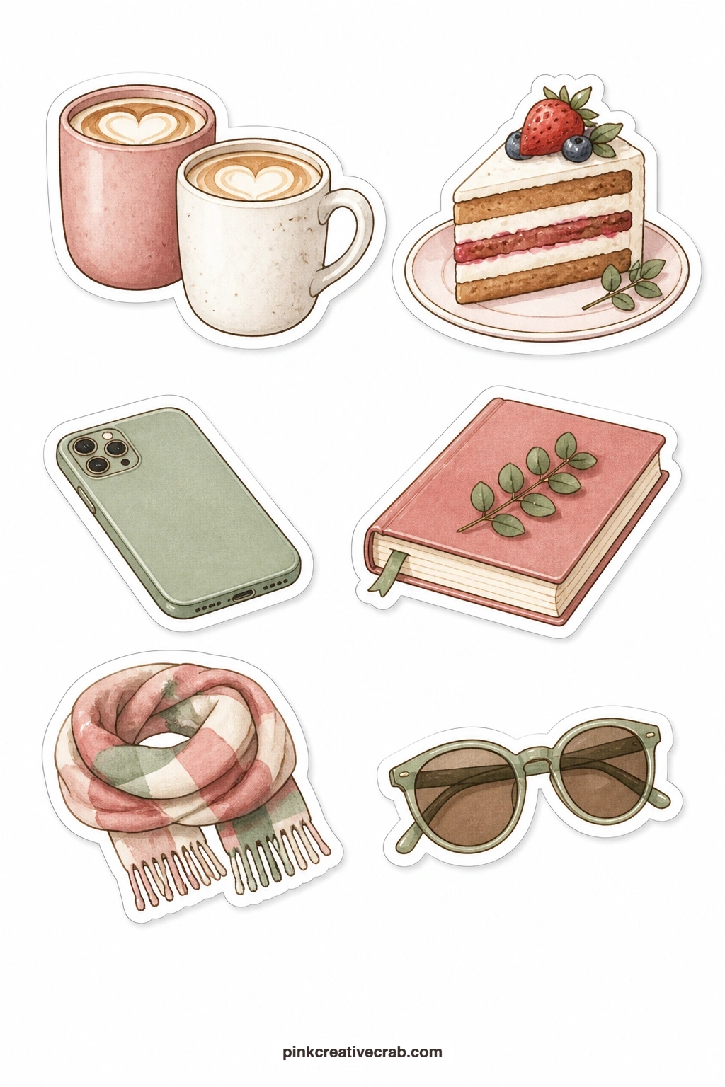 Cafe Date Stickers printable page — Two mugs set close together, a shared slice of cake, a phone face down, a closed book, a soft scarf and a pair of