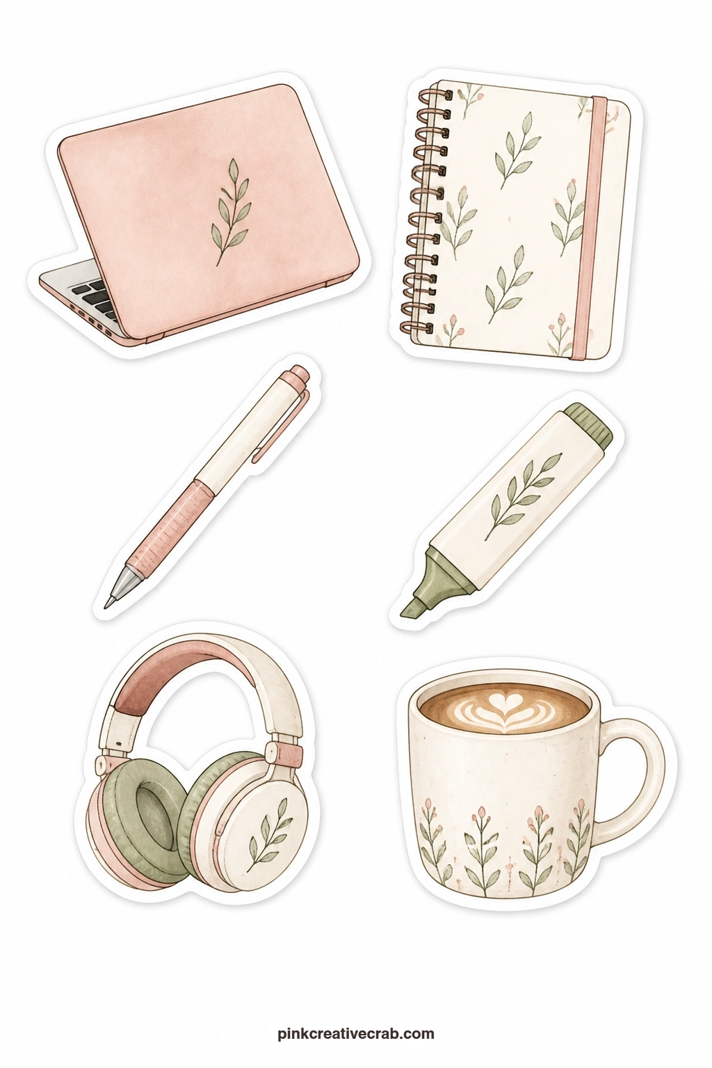 Study at the Cafe Stickers printable page — Laptop, notebook, pen, highlighter, a pair of headphones and a coffee mug make up the quieter, working side of a