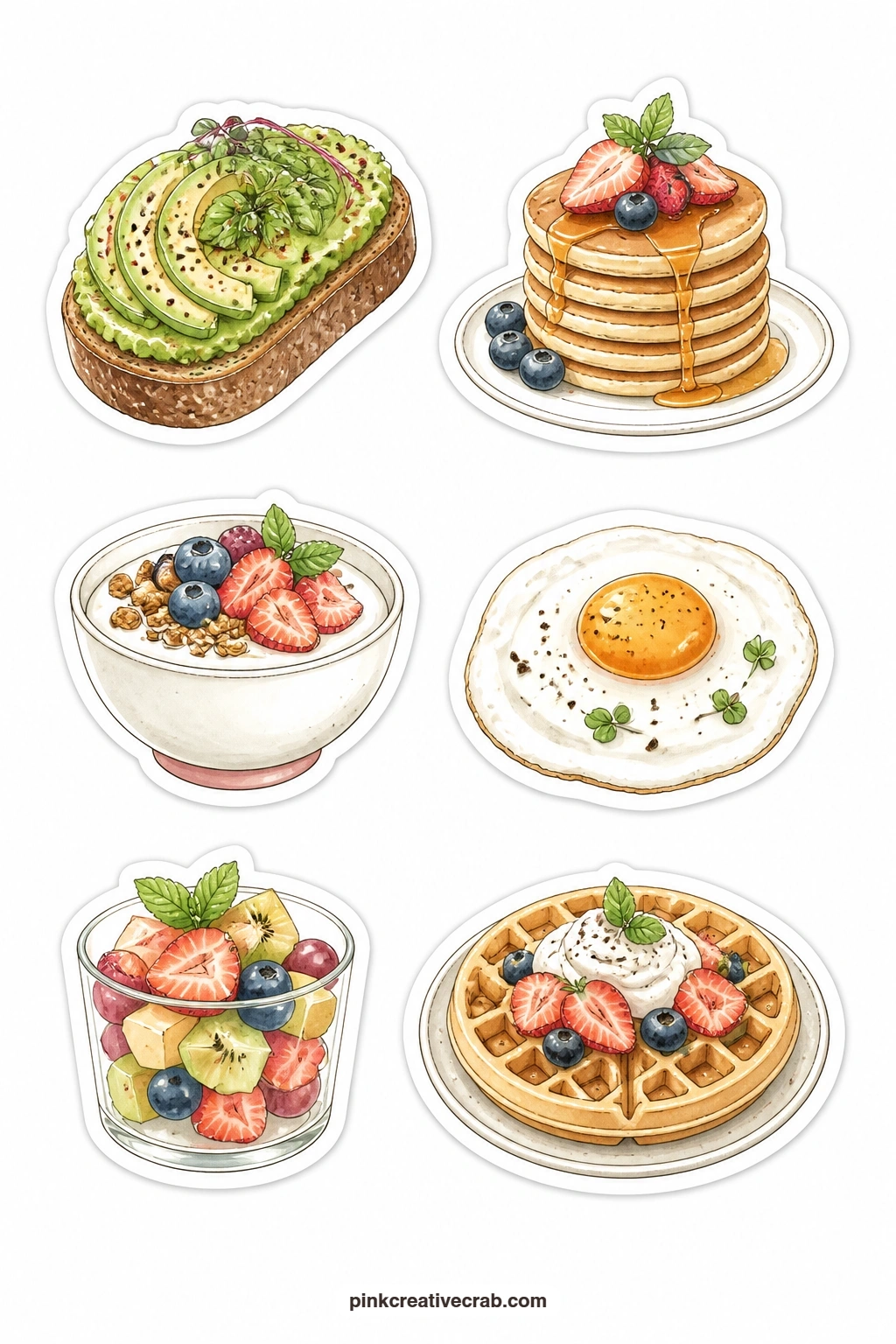 Breakfast at the Cafe Stickers printable page — Avocado toast, a pancake stack with syrup, a yogurt bowl, a fried egg, a small fruit cup and a waffle cover the
