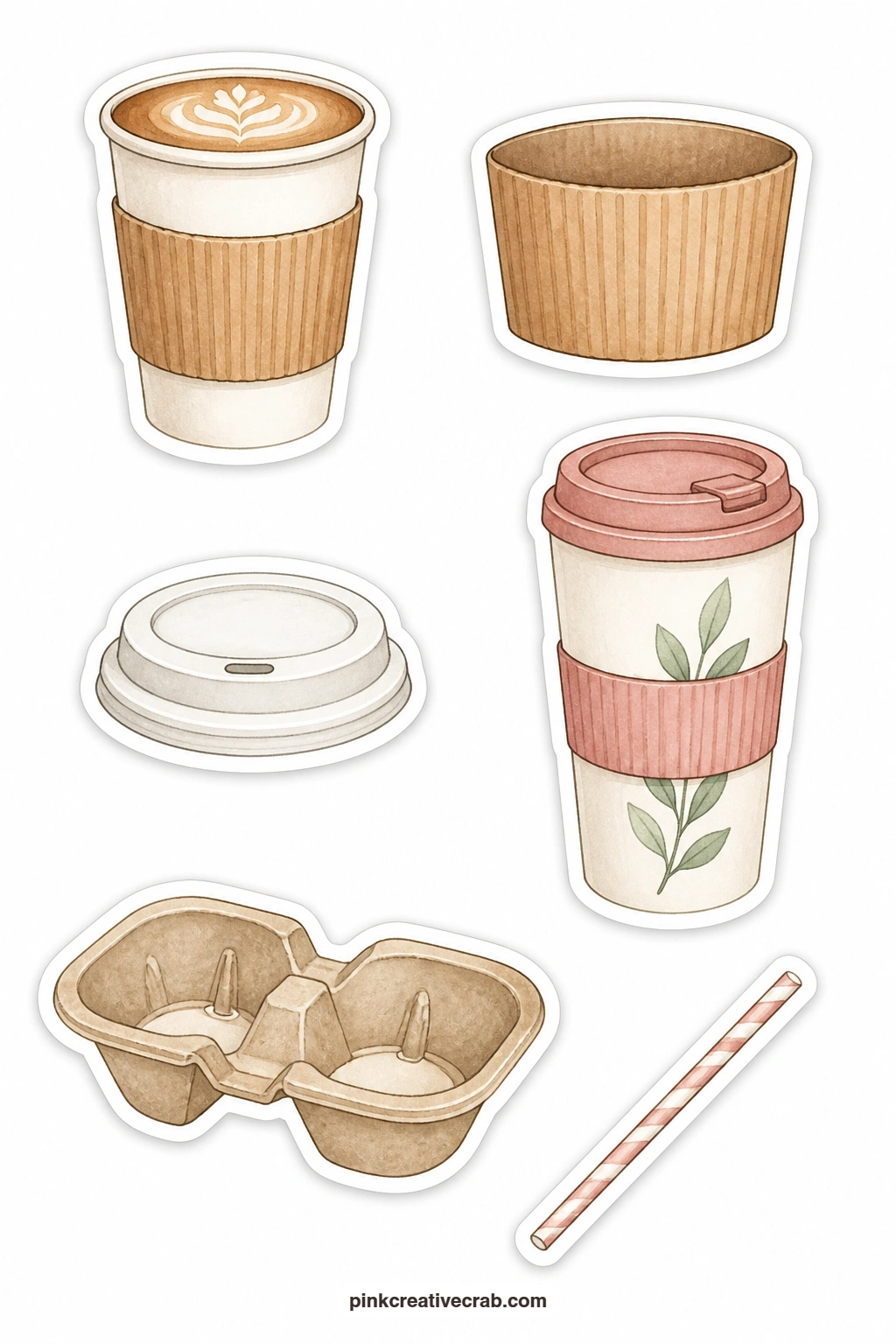 Cups to Go Stickers printable page — Paper cup, cup sleeve, cup lid, reusable tumbler, cup carrier and a straw sit here as separate pieces, built for planner