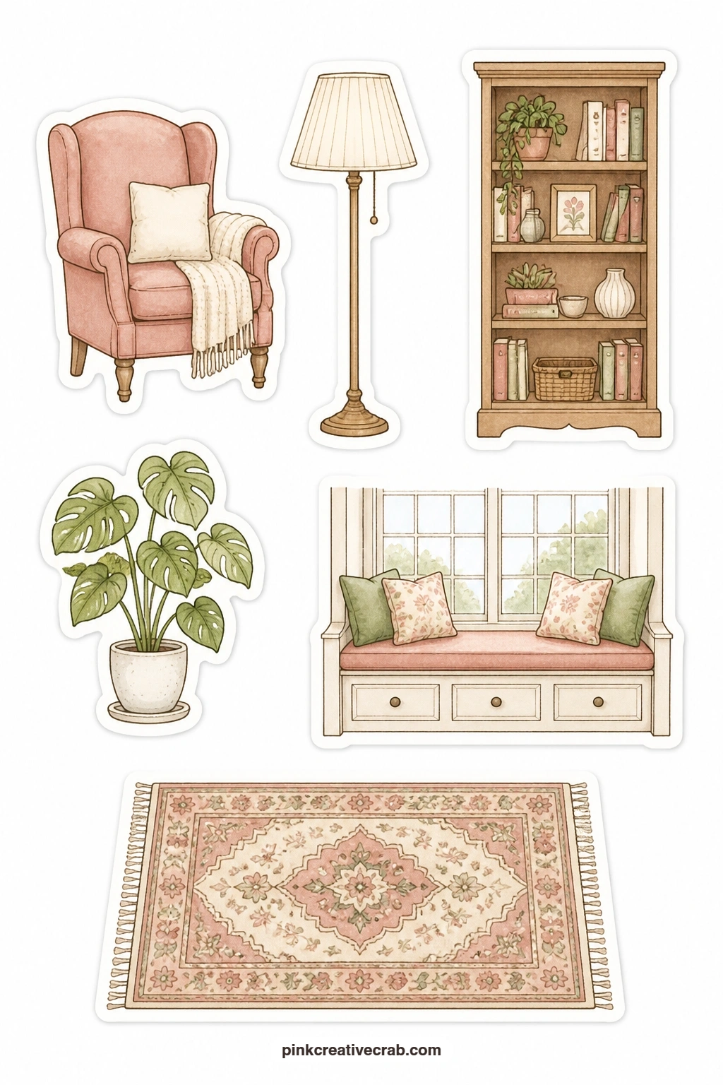 Cozy Cafe Corner Stickers printable page — Armchair, floor lamp, bookshelf, potted plant, window seat and a patterned rug furnish the reading nook corner of