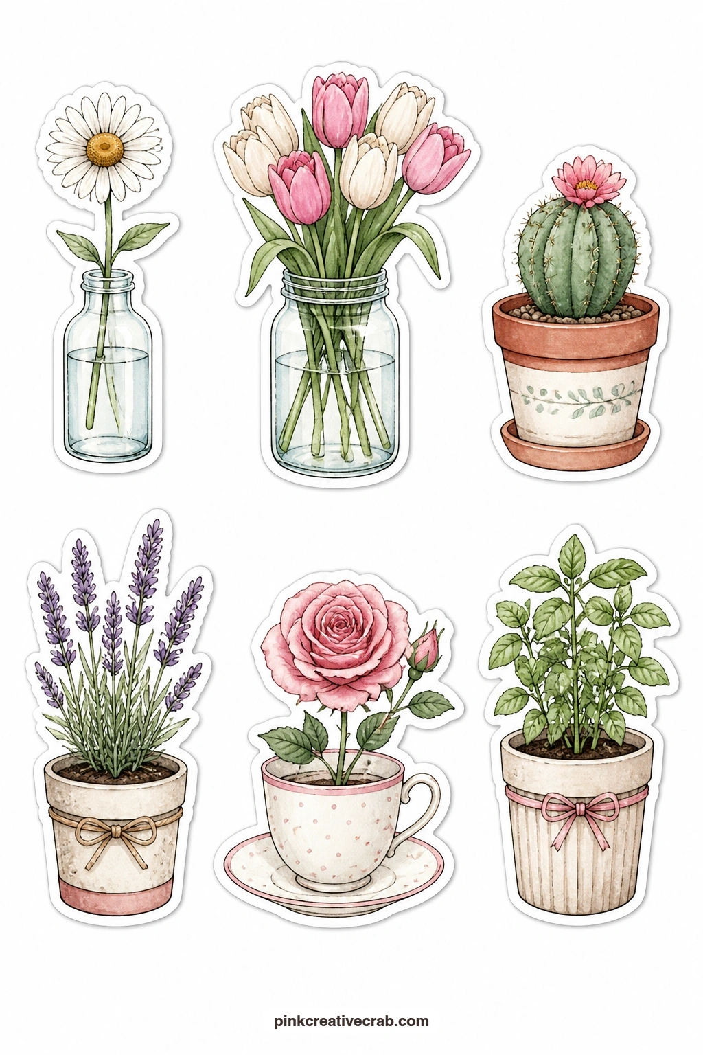 Cafe Flowers Stickers printable page — Bud vase with a daisy, a mason jar of tulips, a small cactus, a lavender pot, a rose in a teacup and a herb pot round