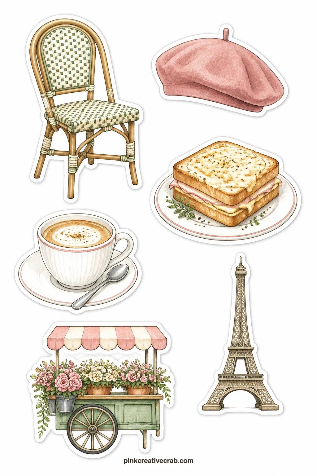 Paris Cafe Stickers printable page — Wicker chair, beret, croque monsieur, a classic bistro coffee cup, a small Eiffel Tower figurine and a flower cart carry