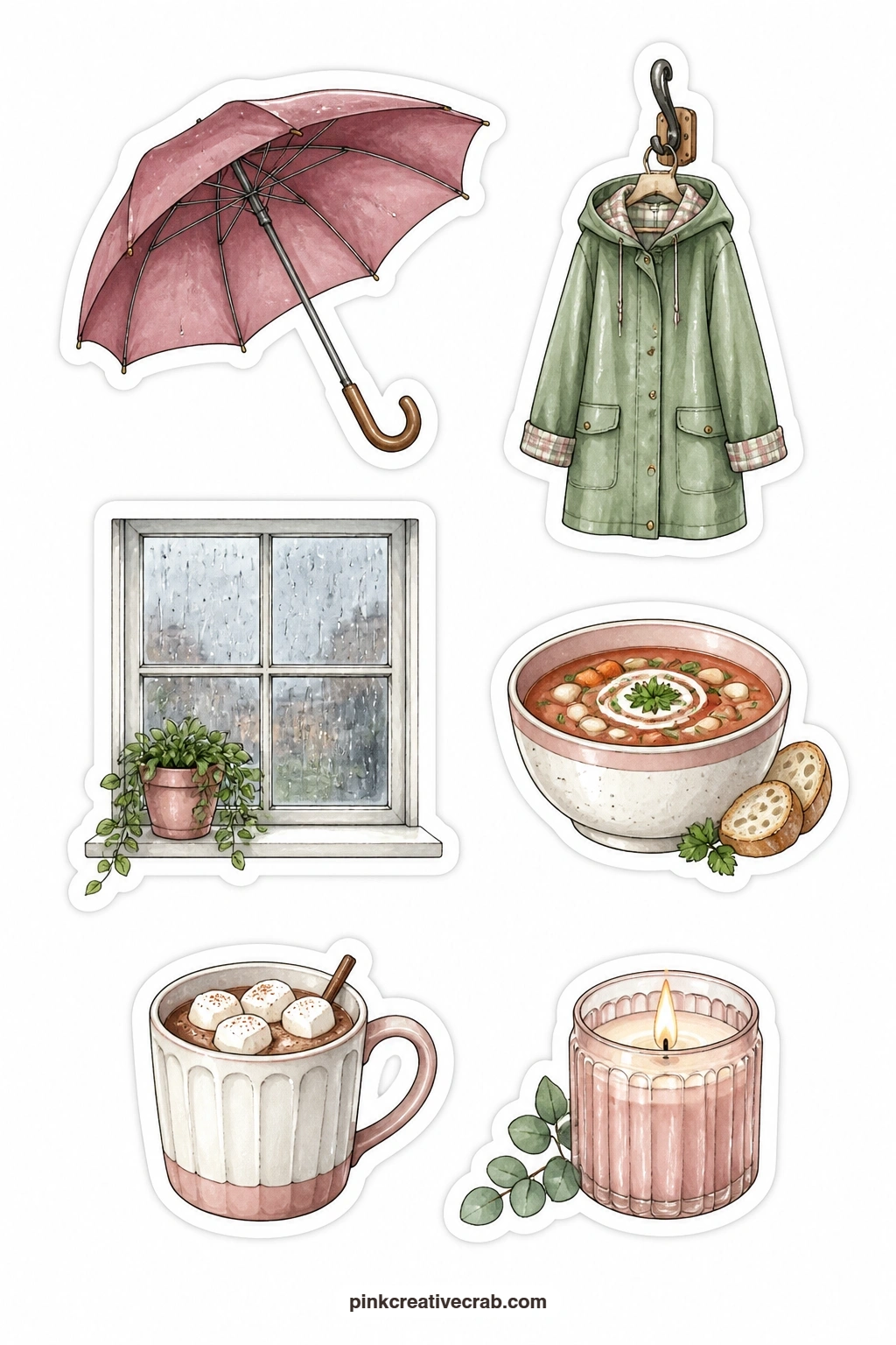 Rainy Day Cafe Stickers printable page — Umbrella, raincoat, a rain-streaked window, a bowl of soup, a mug of hot chocolate and a lit candle close the set on