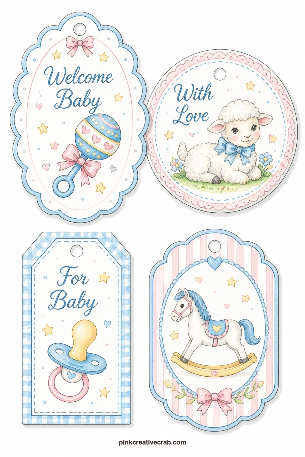 Rattle Lamb Pacifier Tags printable page — Start a wrapped parcel or a card envelope with this sheet, which carries a scalloped tag printed with a baby rattle