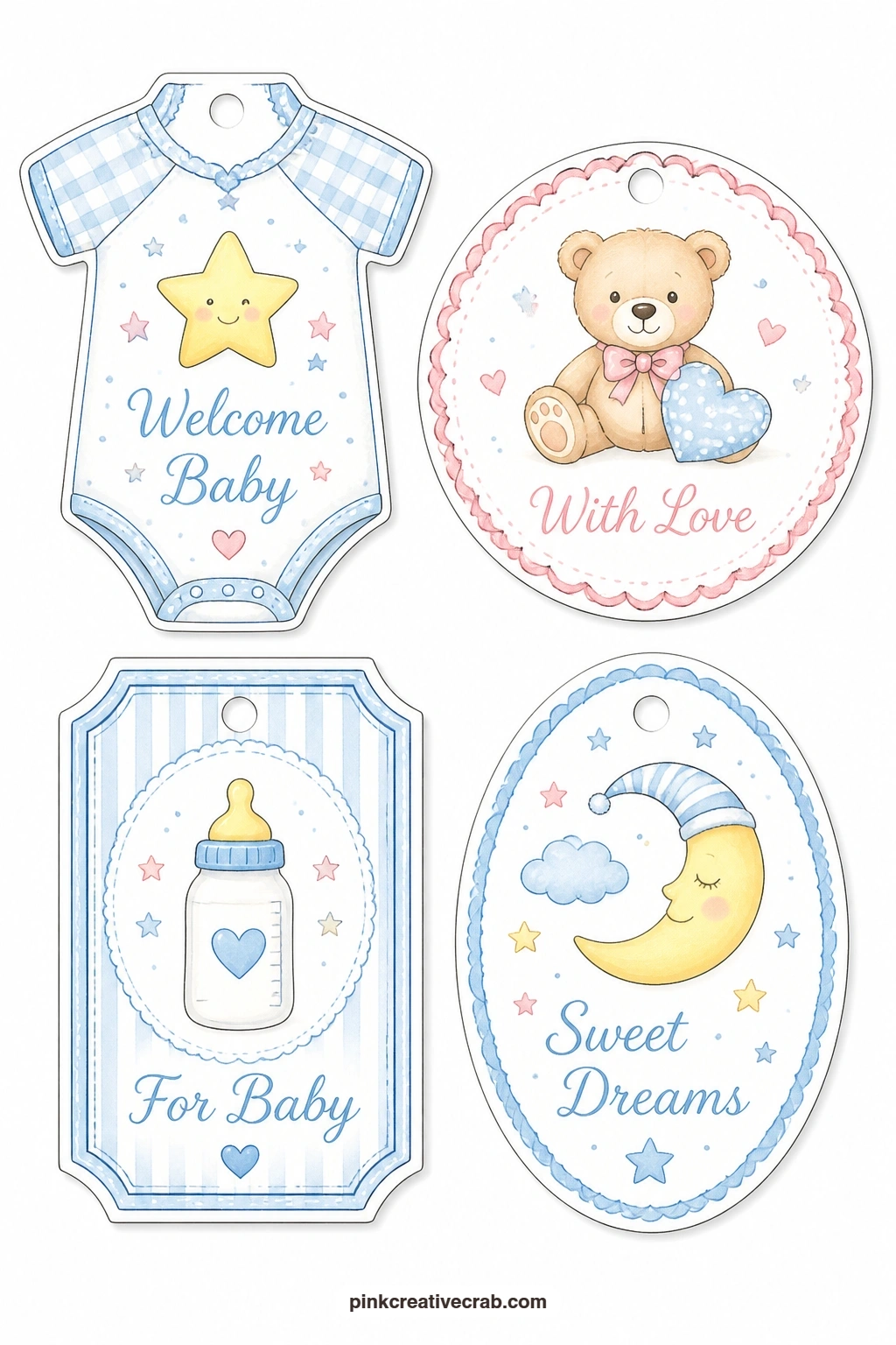 Onesie Star Bottle Moon Tags printable page — Four shapes carry the nursery theme further here: a onesie-shaped tag with a star, a round tag with a teddy bear