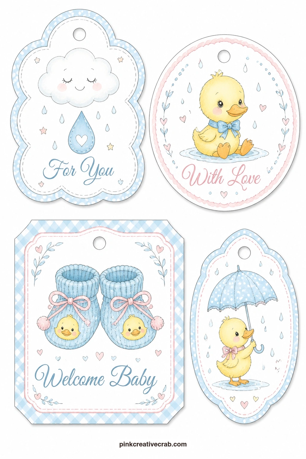 Raindrop Duckling Booties Tags printable page — Pair a cloud tag with a raindrop and a round tag with a duckling for a rainy day shower gift, and finish the