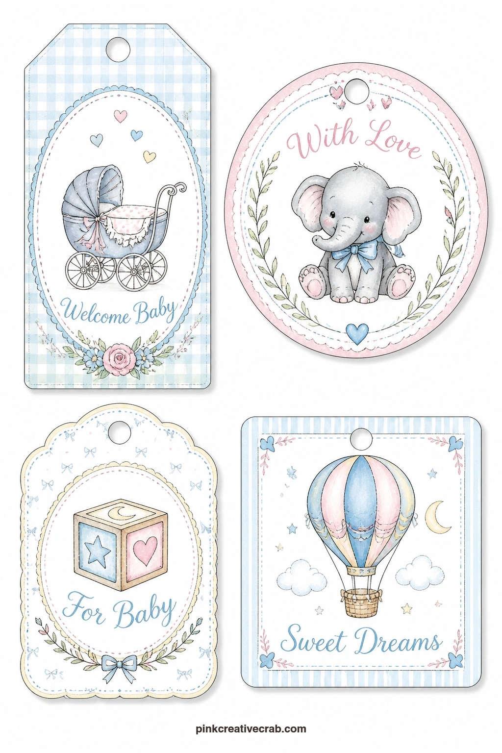 Pram Elephant Block Balloon Tags printable page — This sheet leans toward bigger gifts, with a luggage tag with a pram, a round tag with a baby elephant, a