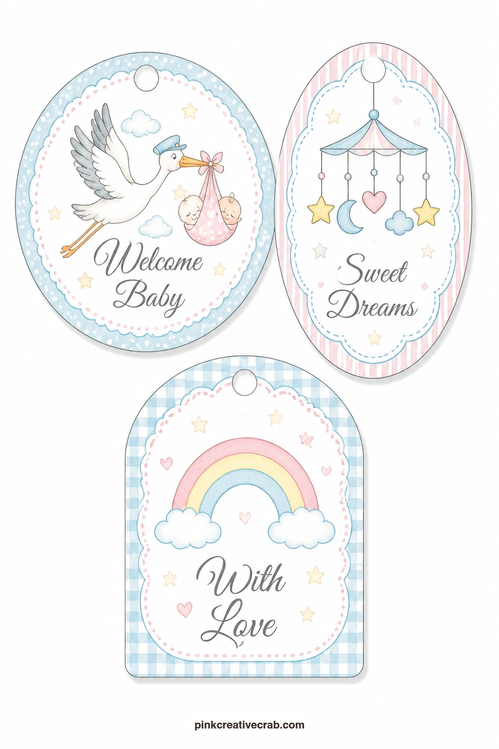 Stork Mobile Rainbow Tags printable page — A round tag with a stork carrying a bundle, an oval tag with a crib mobile and an arched tag with a rainbow bring a