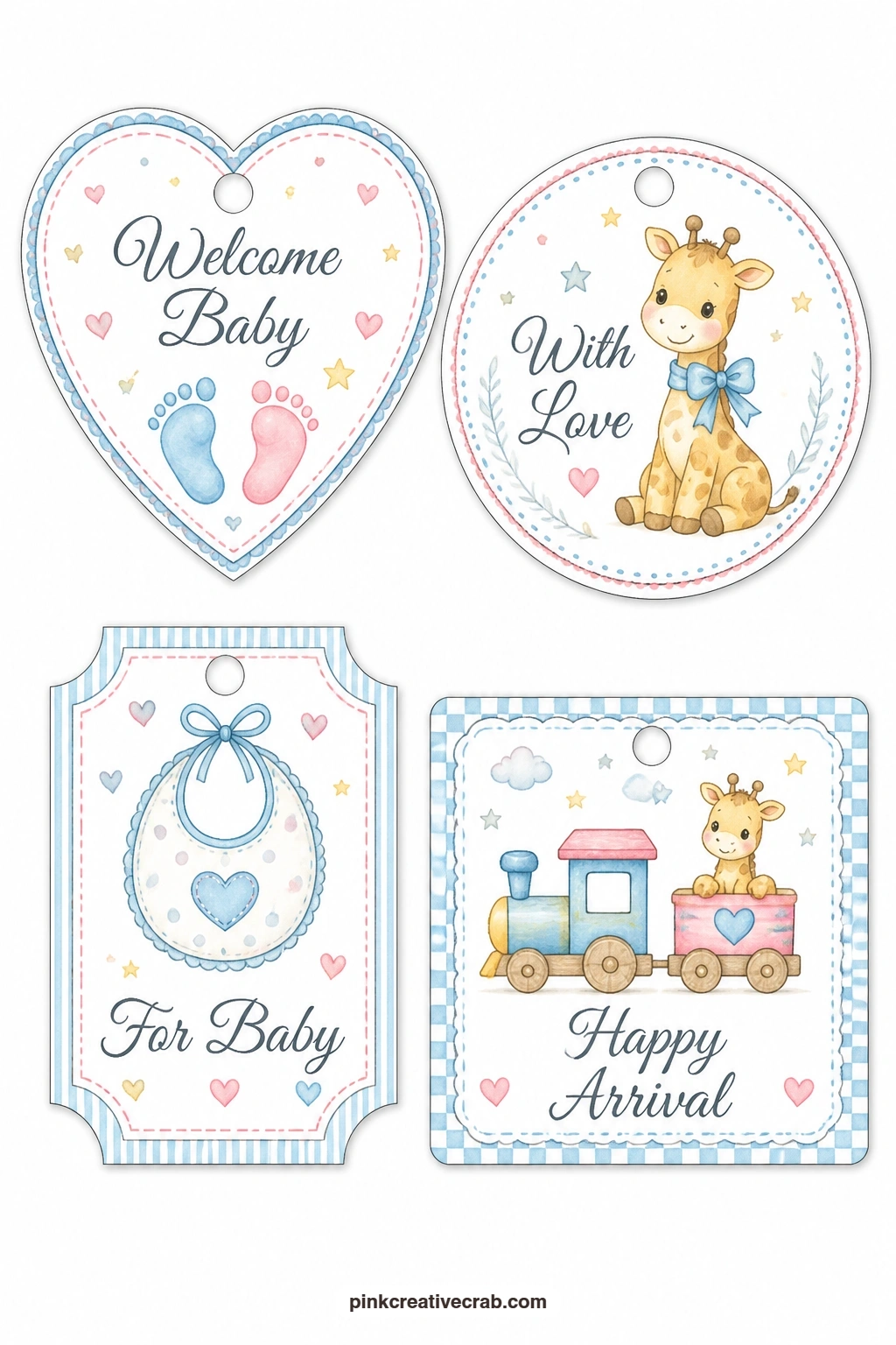 Footprints Giraffe Bib Train Tags printable page — Cut the heart-shaped tag with tiny footprints along its curves with small scissors, since a craft knife is