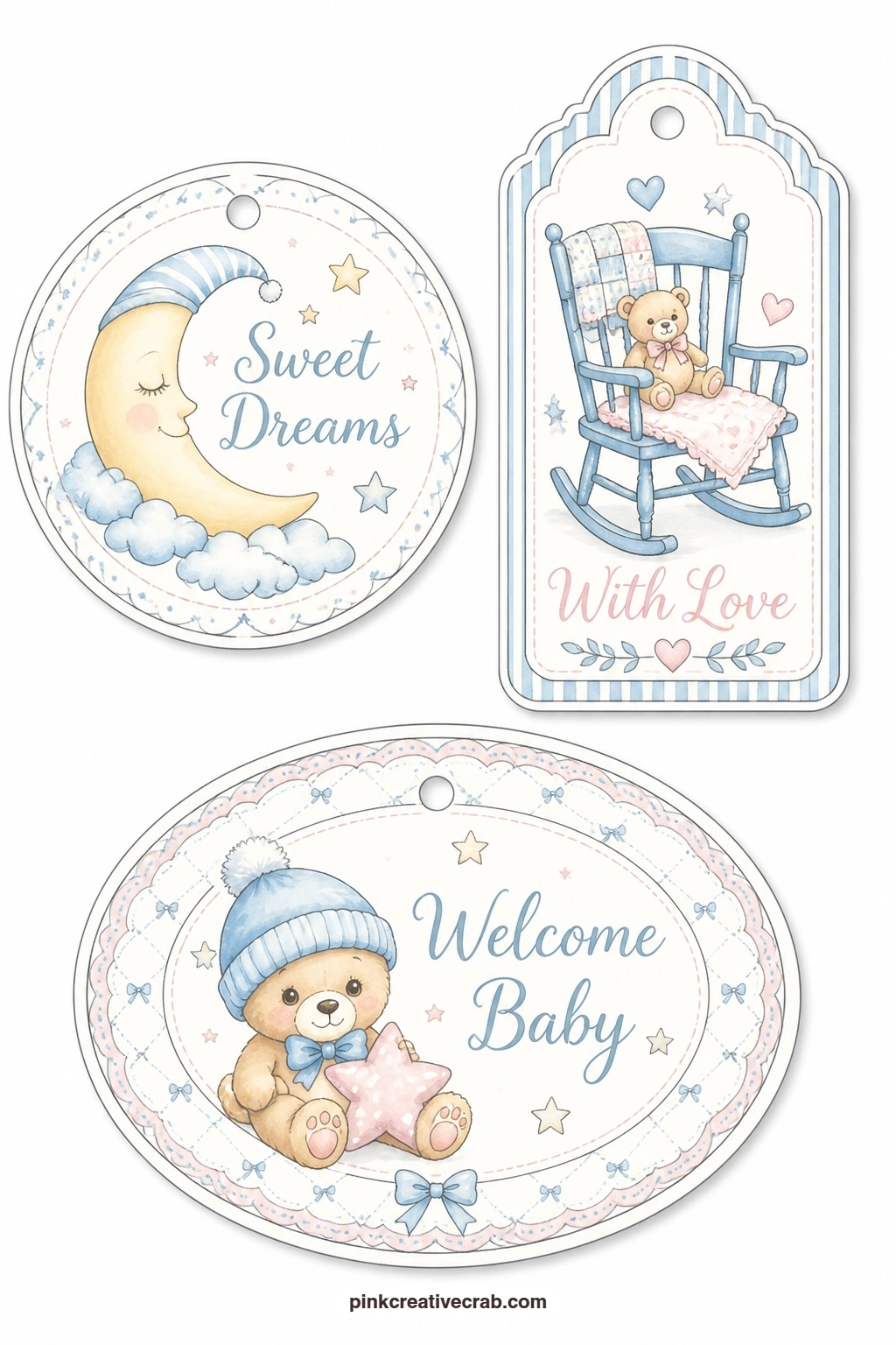 Sleepy Moon Chair Bear Tags printable page — Round out a nursery gift with a round tag with a sleepy moon, a luggage tag with a rocking chair and an oval tag