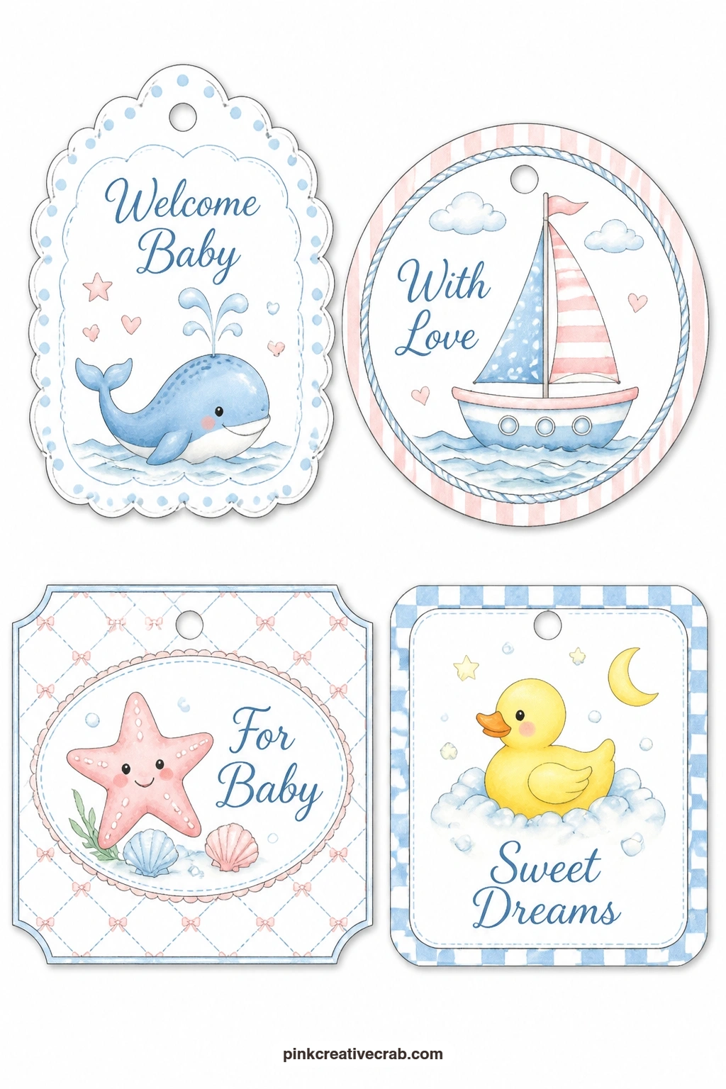 Whale Sailboat Starfish Duck Tags printable page — Pair this sheet with the rocking chair and bear tags above for one wrapped gift that mixes sea motifs and