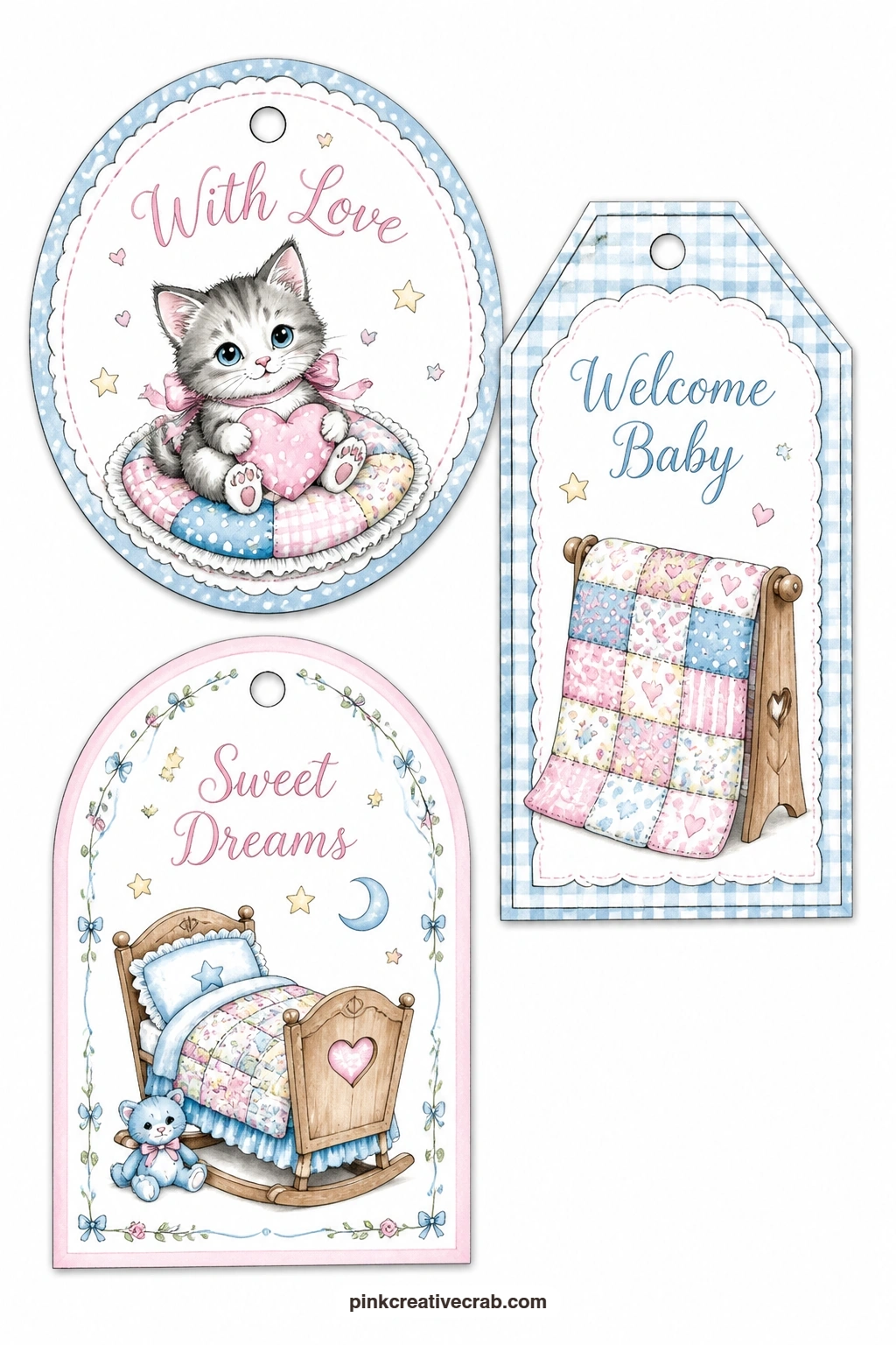 Kitten Quilt Cradle Tags printable page — A round tag with a plush kitten, a luggage tag with a patchwork quilt and an arched tag with a wooden cradle give