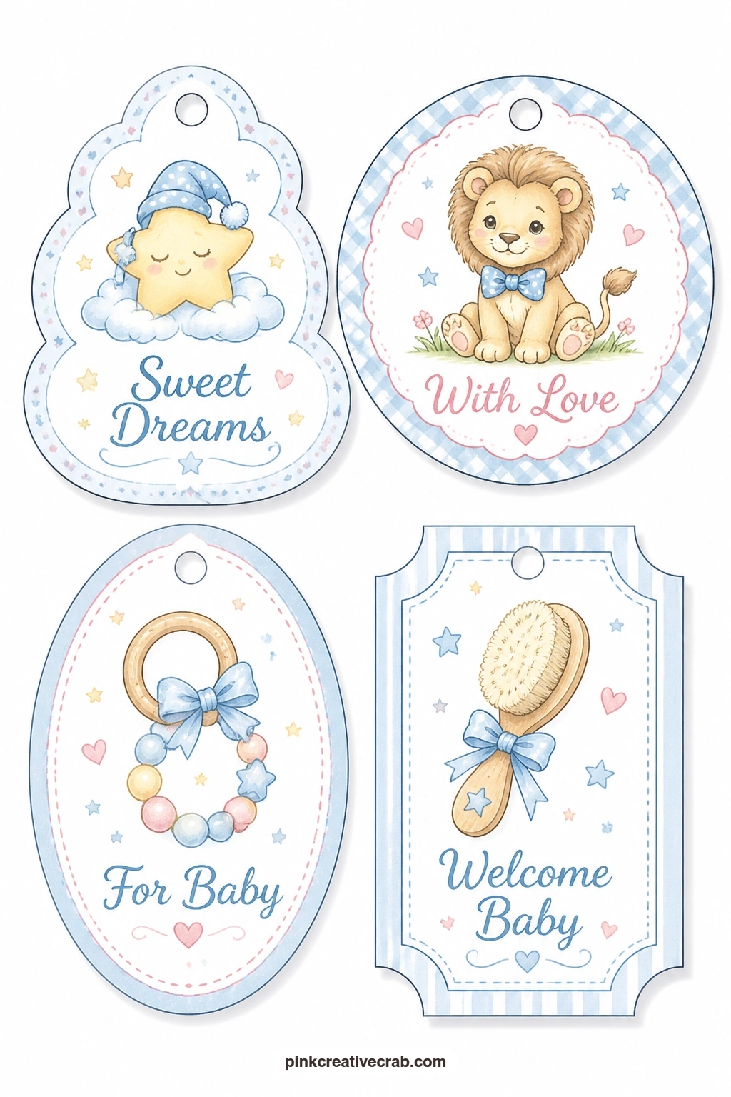 Sleepy Star Lion Hairbrush Tags printable page — For the five minute version of this sheet, print just the cloud tag with a sleepy star and the round tag with