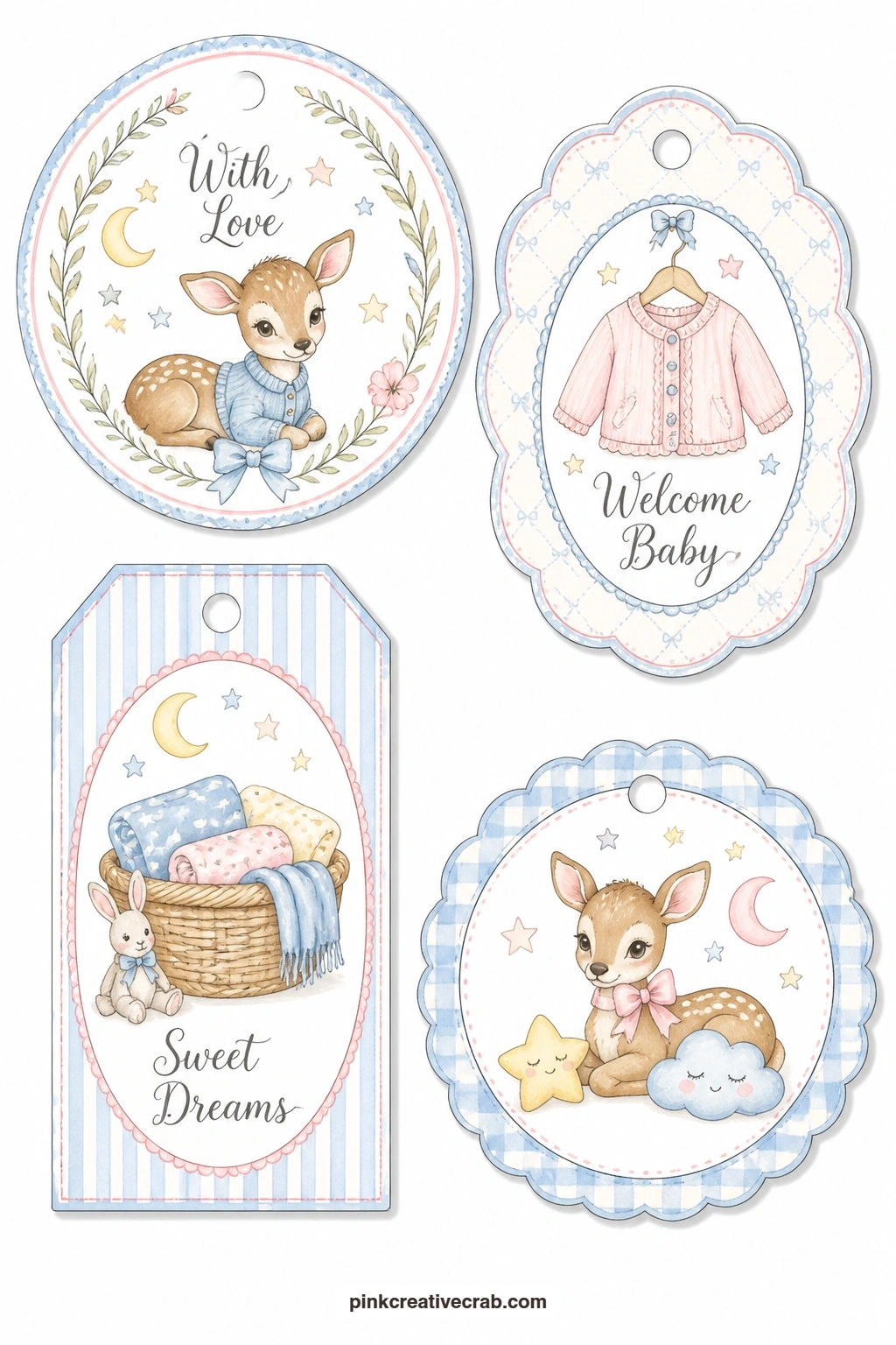 Fawn Cardigan Blanket Basket Tags printable page — A round tag with a fawn, a scalloped tag with a tiny cardigan and a luggage tag with a basket of baby