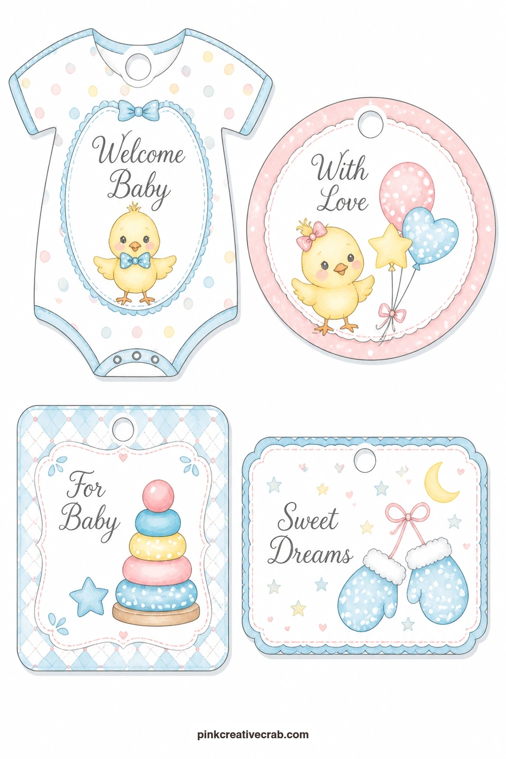 Polka Dot Chick Ring Mittens Tags printable page — Write a short wish on the back of the onesie-shaped tag with polka dots before you attach it, since the