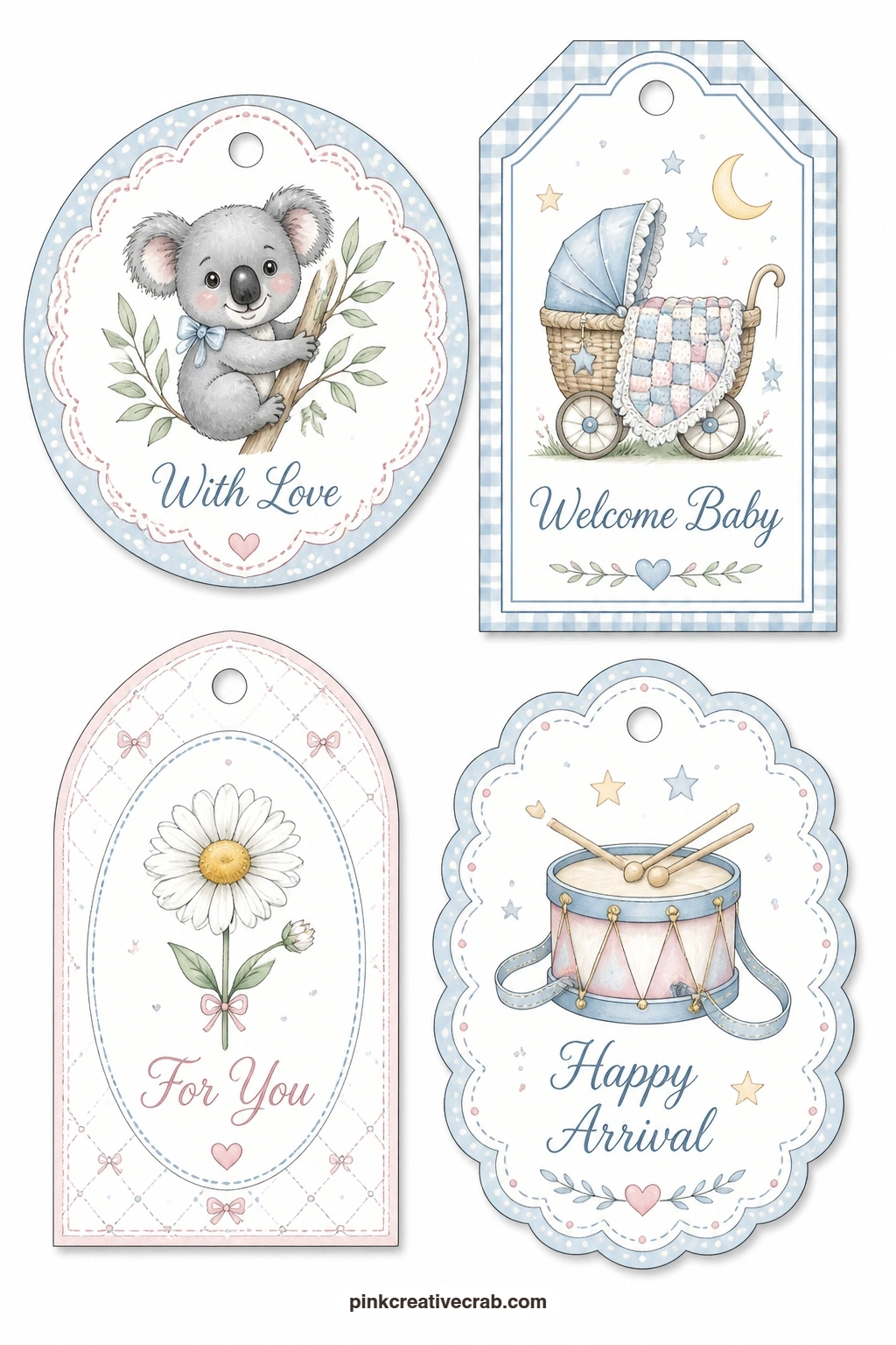 Koala Pram Blanket Daisy Drum Tags printable page — A round tag with a koala, a luggage tag with a pram blanket, an arched tag with a daisy and a scalloped tag