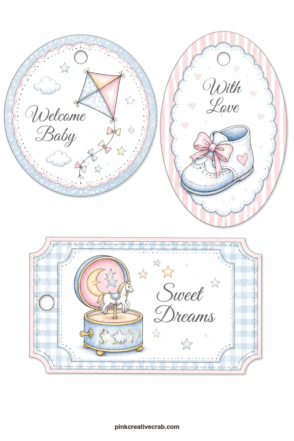 Kite Shoe Music Box Tags printable page — These three motifs suit a smaller card rather than a large parcel, so a round tag with a kite, an oval tag with a