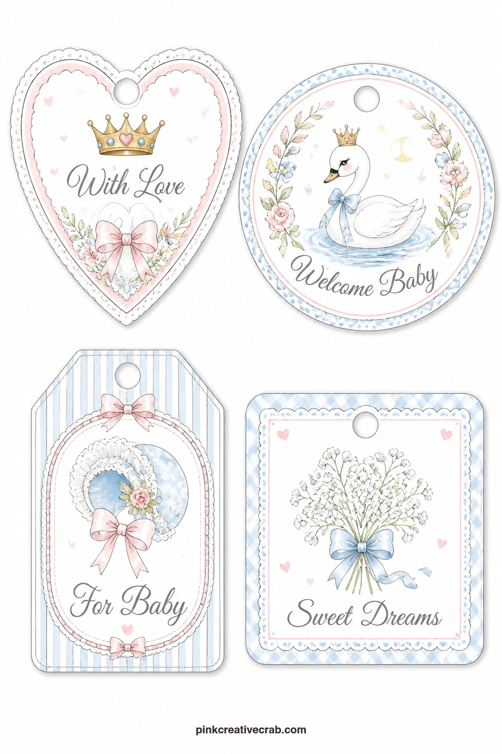 Crown Swan Bonnet Flower Tags printable page — For a christening or naming day gift, the heart-shaped tag with a tiny crown and the round tag with a swan carry